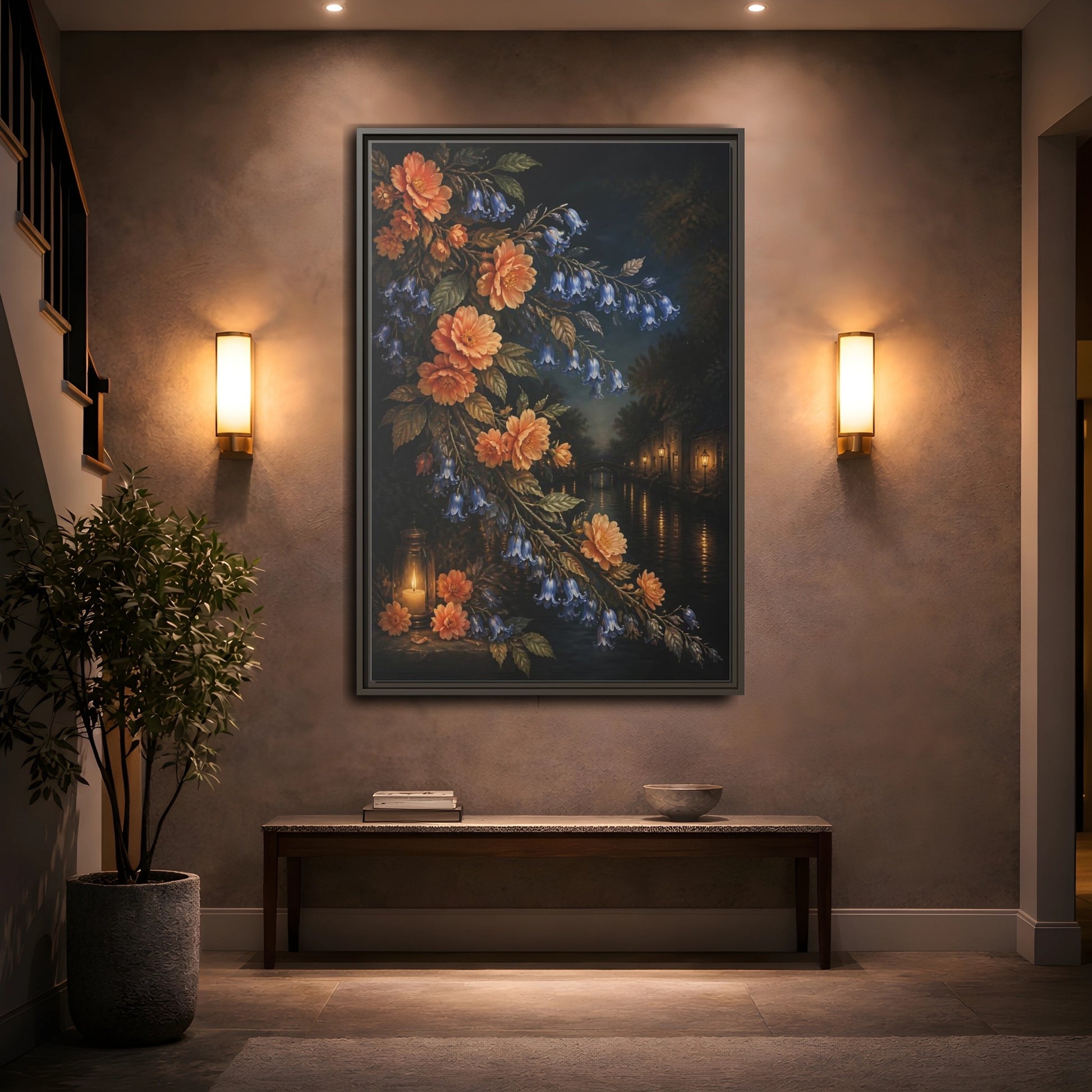 Mockup 2. Peach And Bluebell Flowers shown as framed canvas print