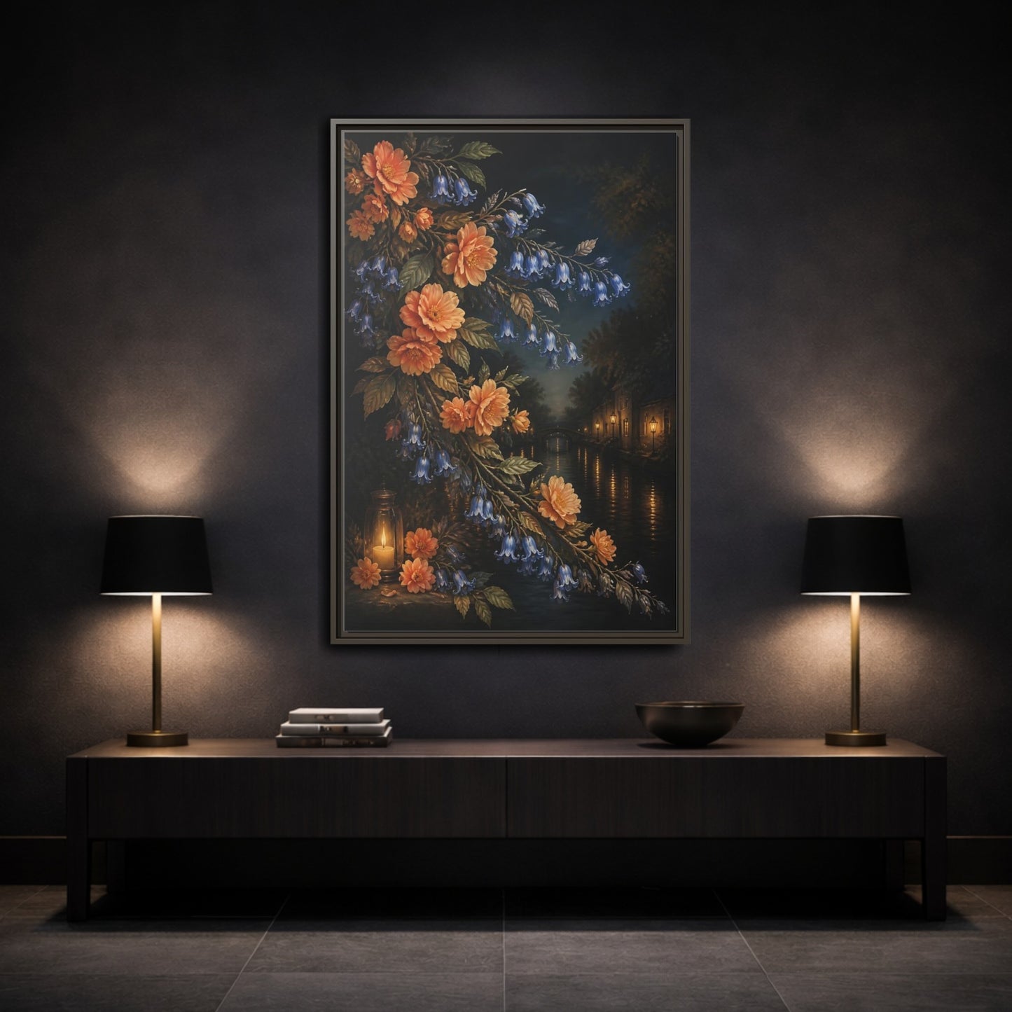Mockup 3. Peach And Bluebell Flowers shown as framed canvas print