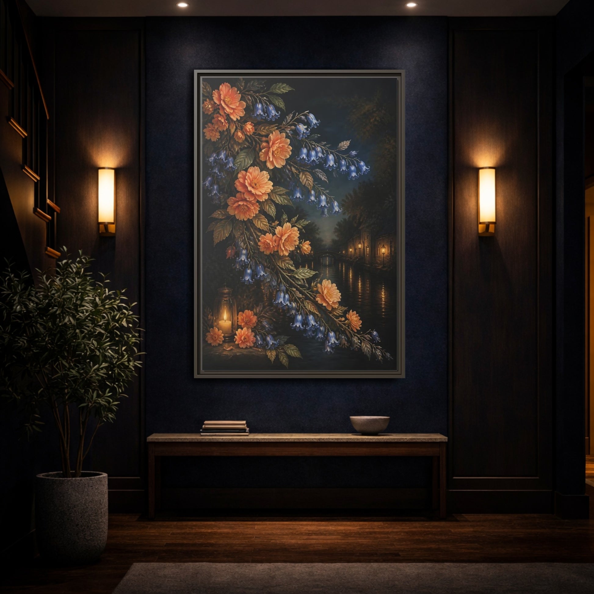 Mockup 4. Peach And Bluebell Flowers shown as framed canvas print