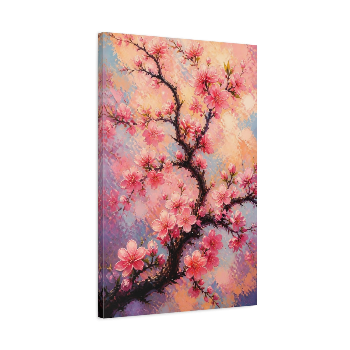 Side Mockup 2. Peach Blossom Flowers shown as canvas print