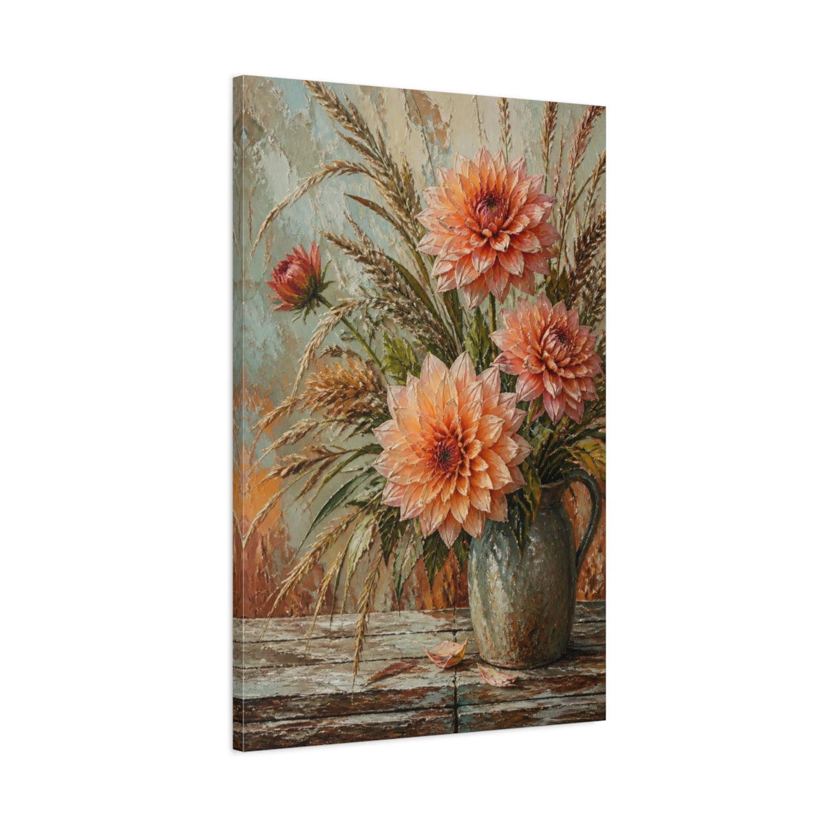 Main Mockup. Peach Dahlia Floral Bouquet shown as canvas print