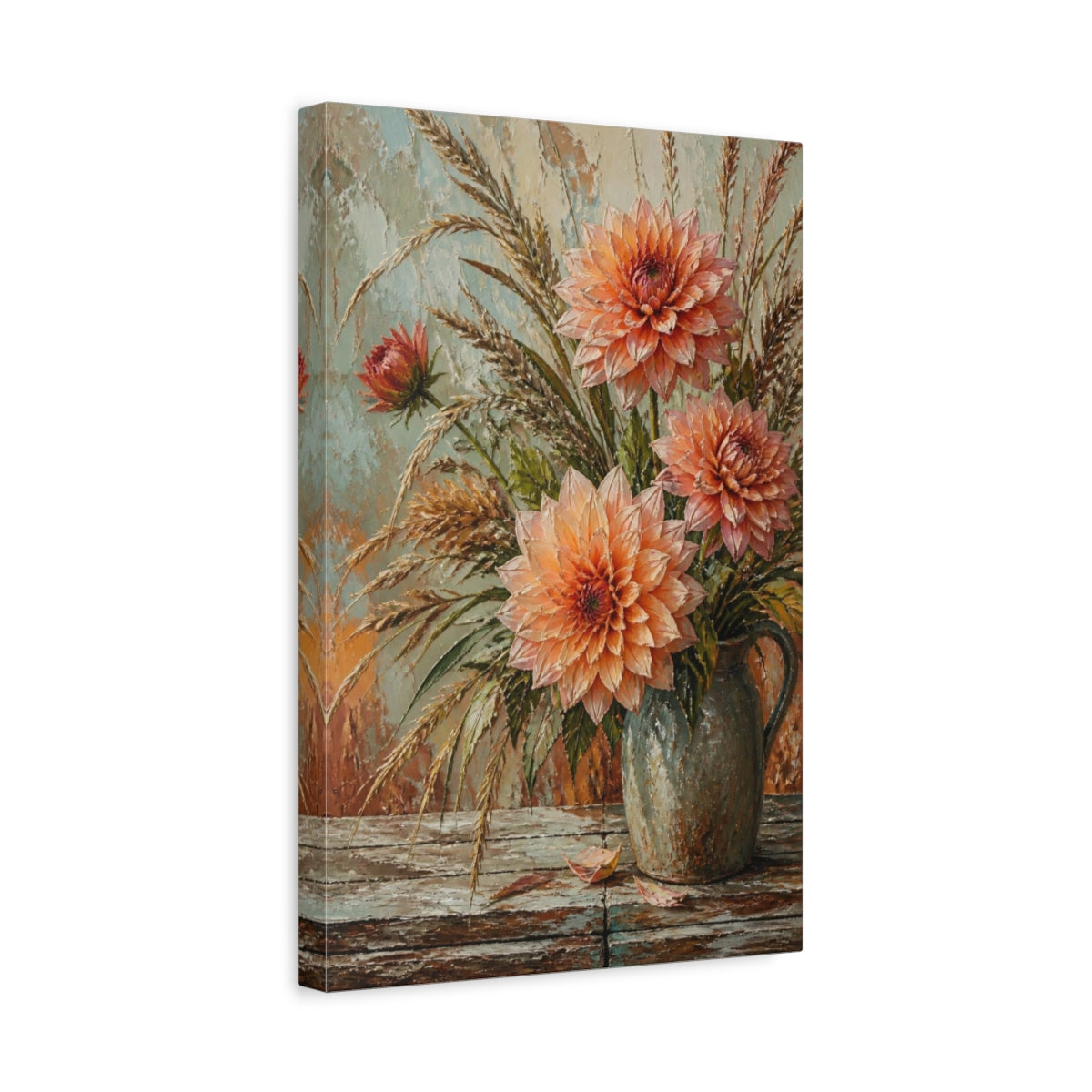 Side Mockup 4. Peach Dahlia Floral Bouquet shown as canvas print