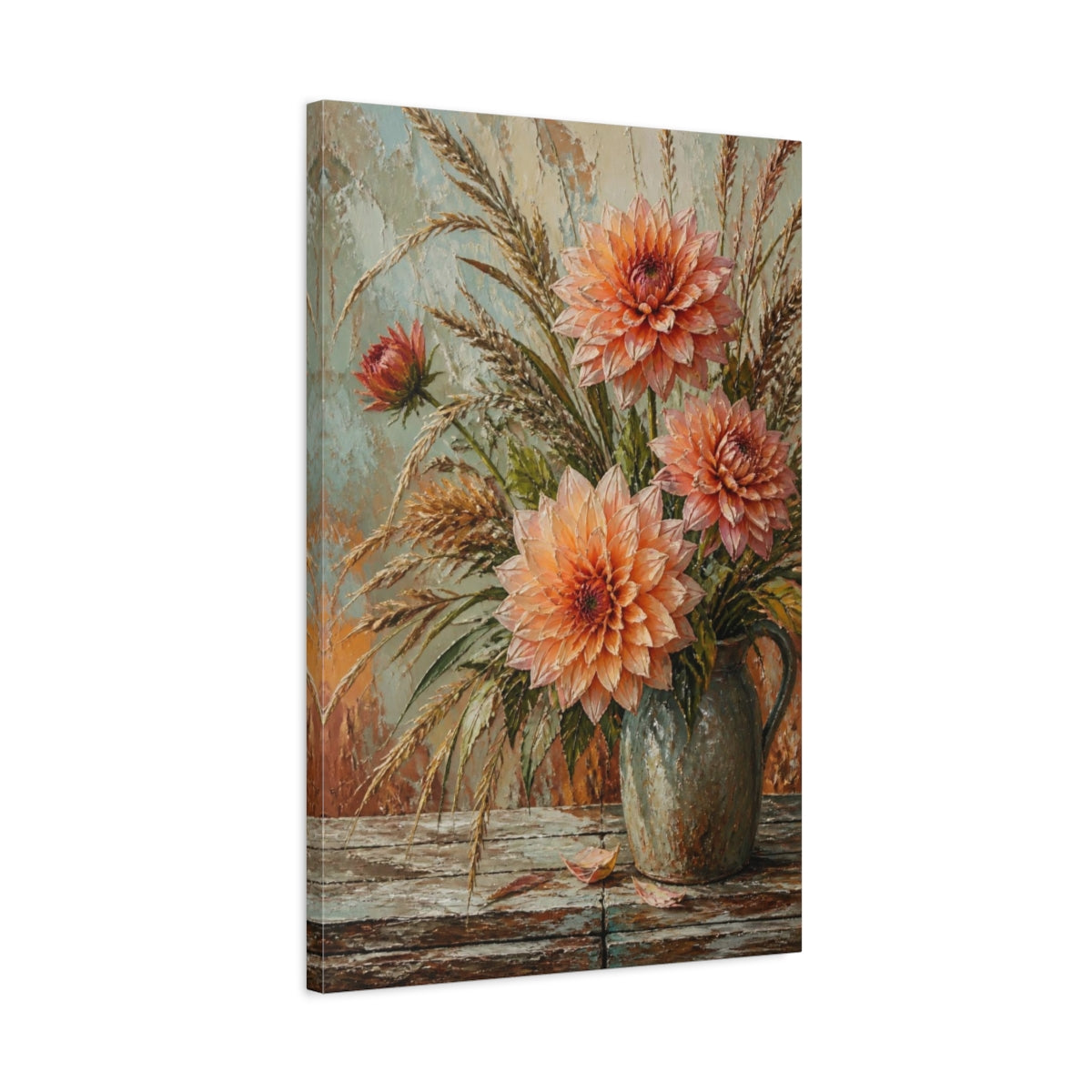 Side Mockup 2. Peach Dahlia Floral Bouquet shown as canvas print