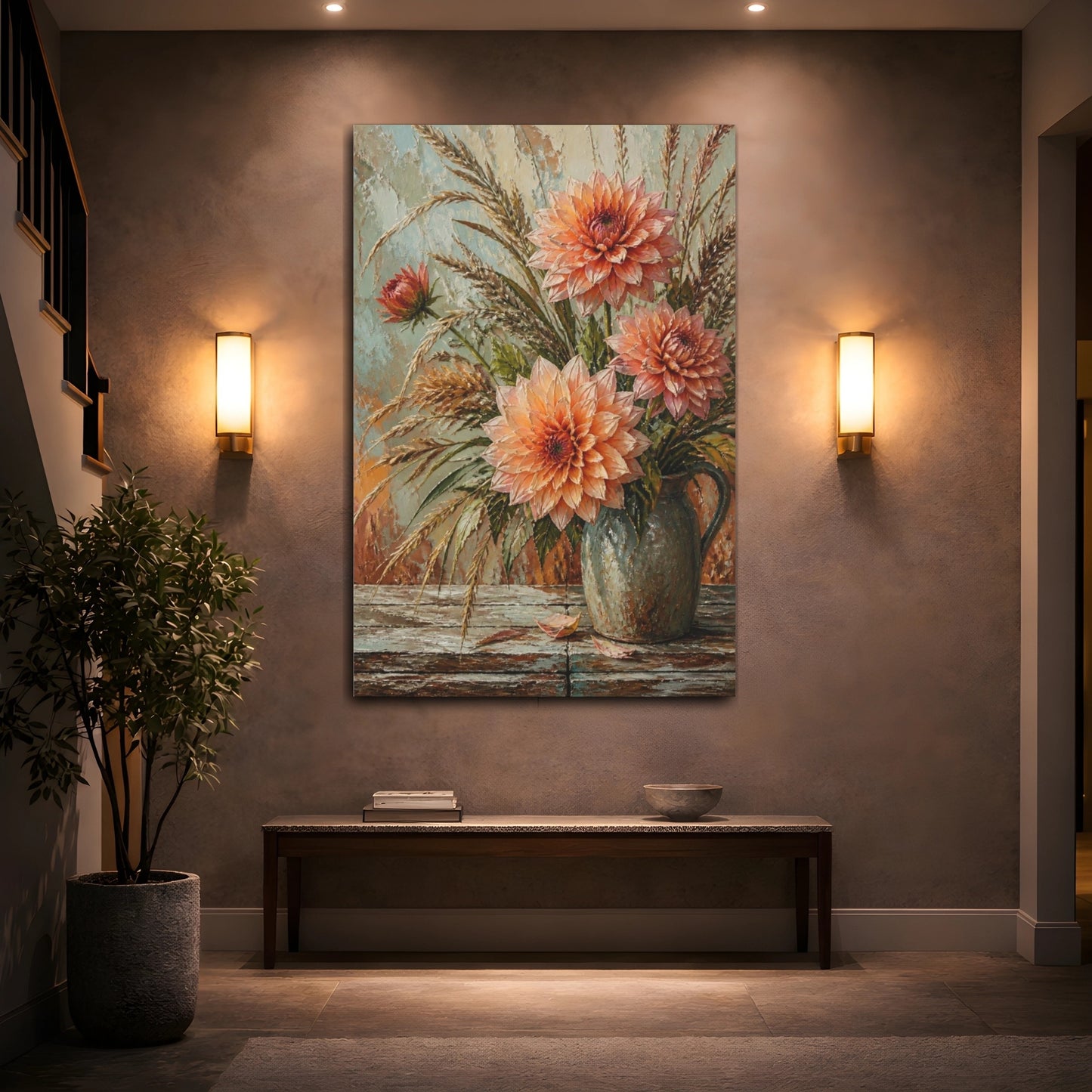 Mockup 2. Peach Dahlia Floral Bouquet shown as canvas print