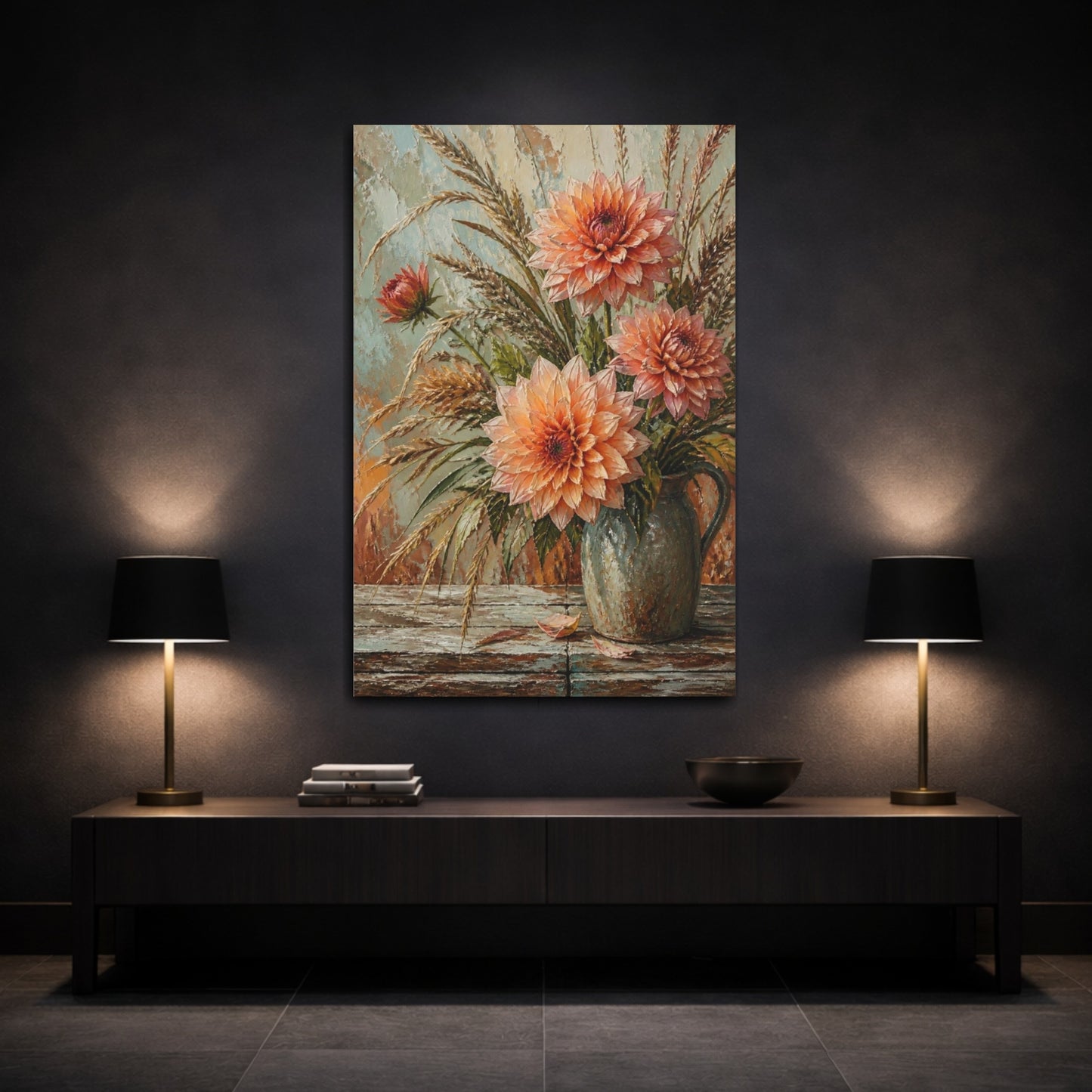 Mockup 3. Peach Dahlia Floral Bouquet shown as canvas print