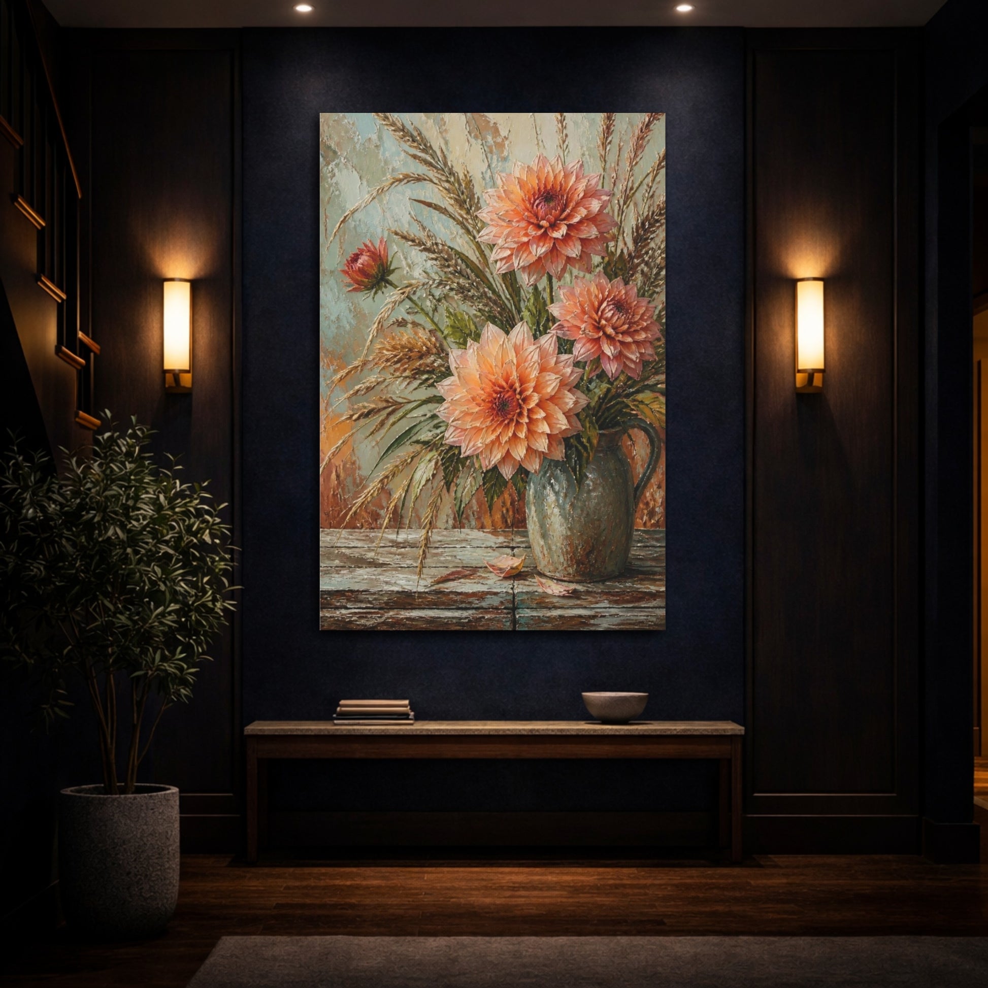 Mockup 4. Peach Dahlia Floral Bouquet shown as canvas print