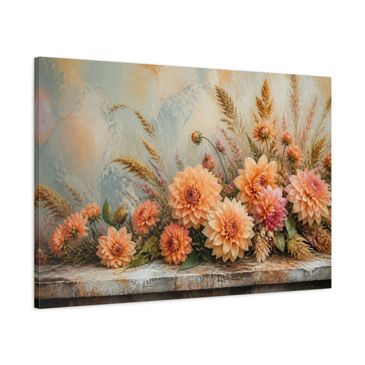 Main Mockup. Peach Dahlia Table Bouquet shown as canvas print