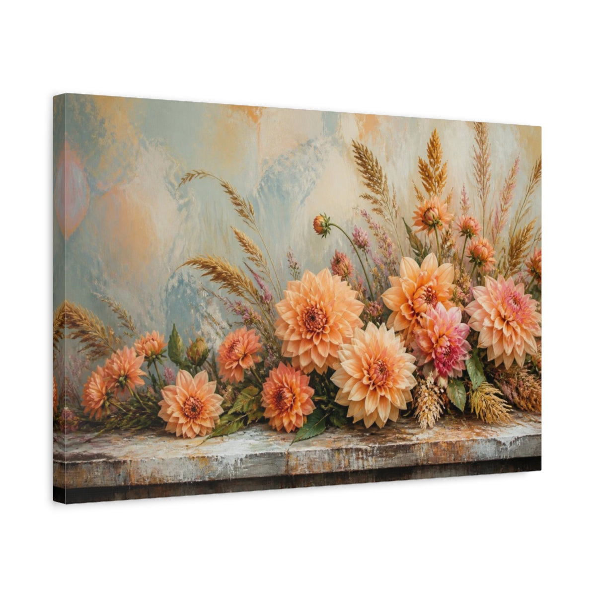 Side Mockup 3. Peach Dahlia Table Bouquet shown as canvas print