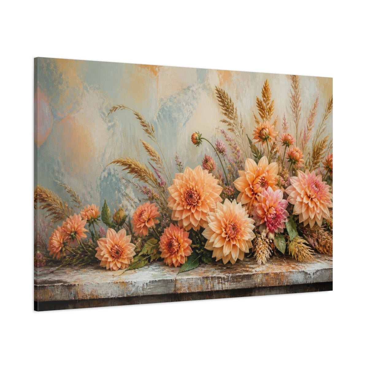 Side Mockup 1. Peach Dahlia Table Bouquet shown as canvas print