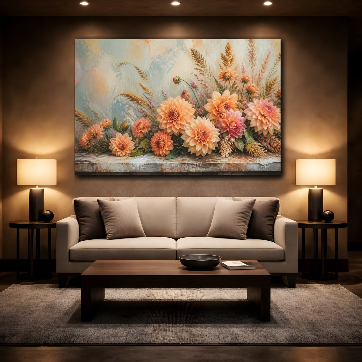Mockup 2. Peach Dahlia Table Bouquet shown as canvas print