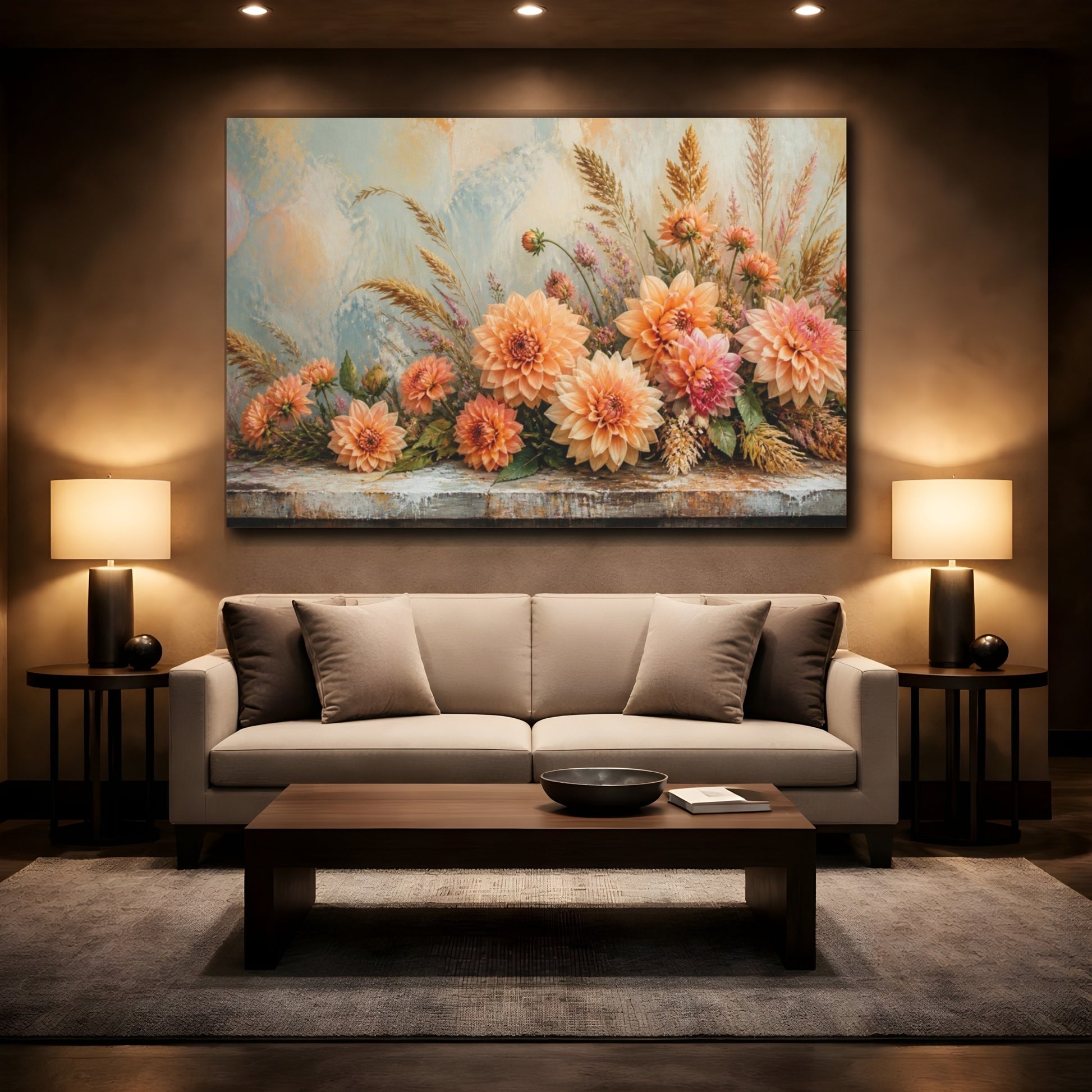 Mockup 2. Peach Dahlia Table Bouquet shown as canvas print