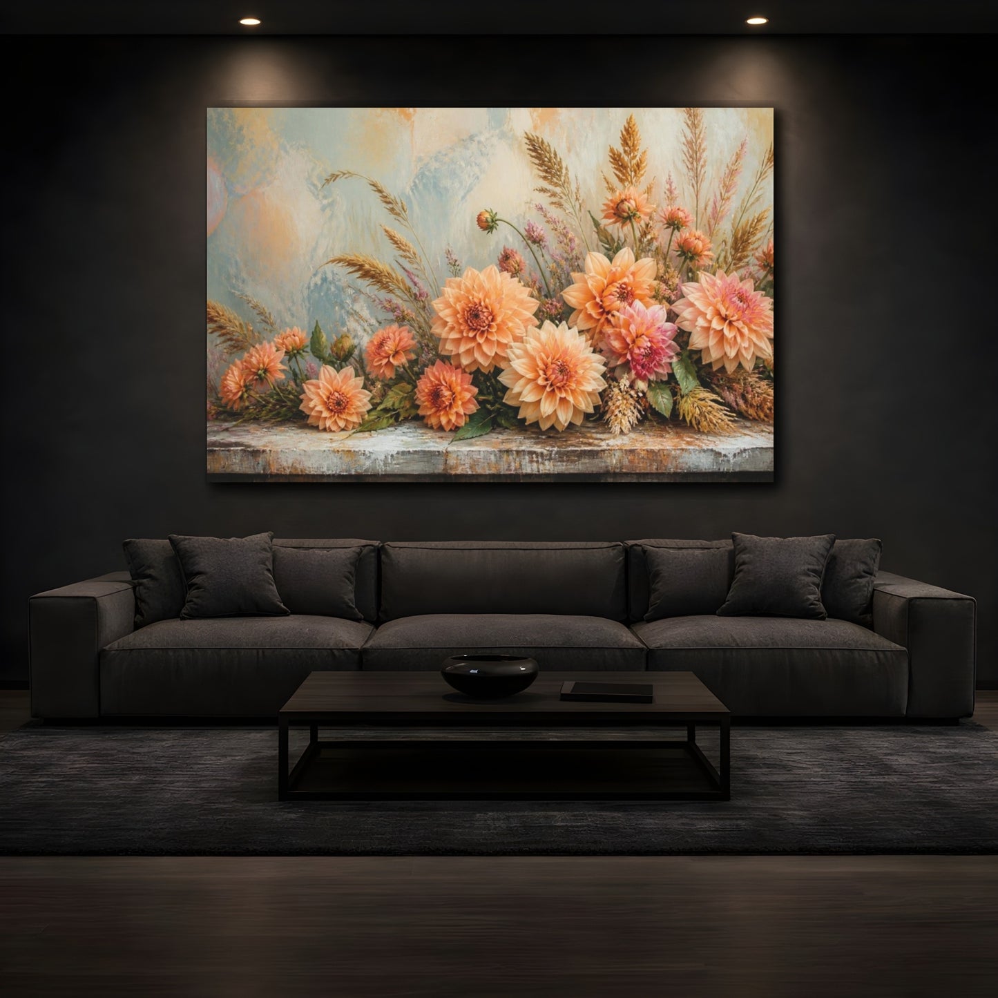 Mockup 3. Peach Dahlia Table Bouquet shown as canvas print