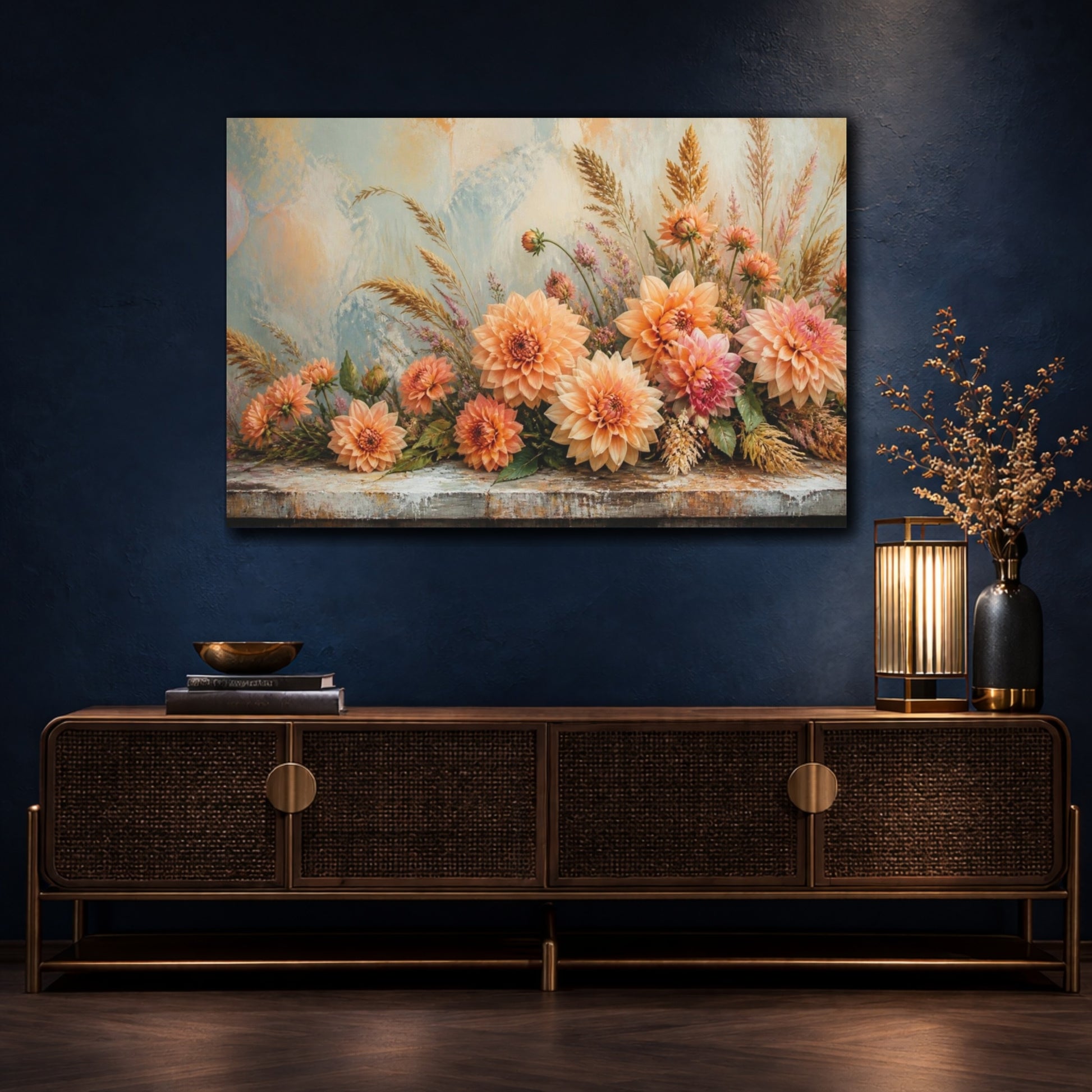 Mockup 4. Peach Dahlia Table Bouquet shown as canvas print