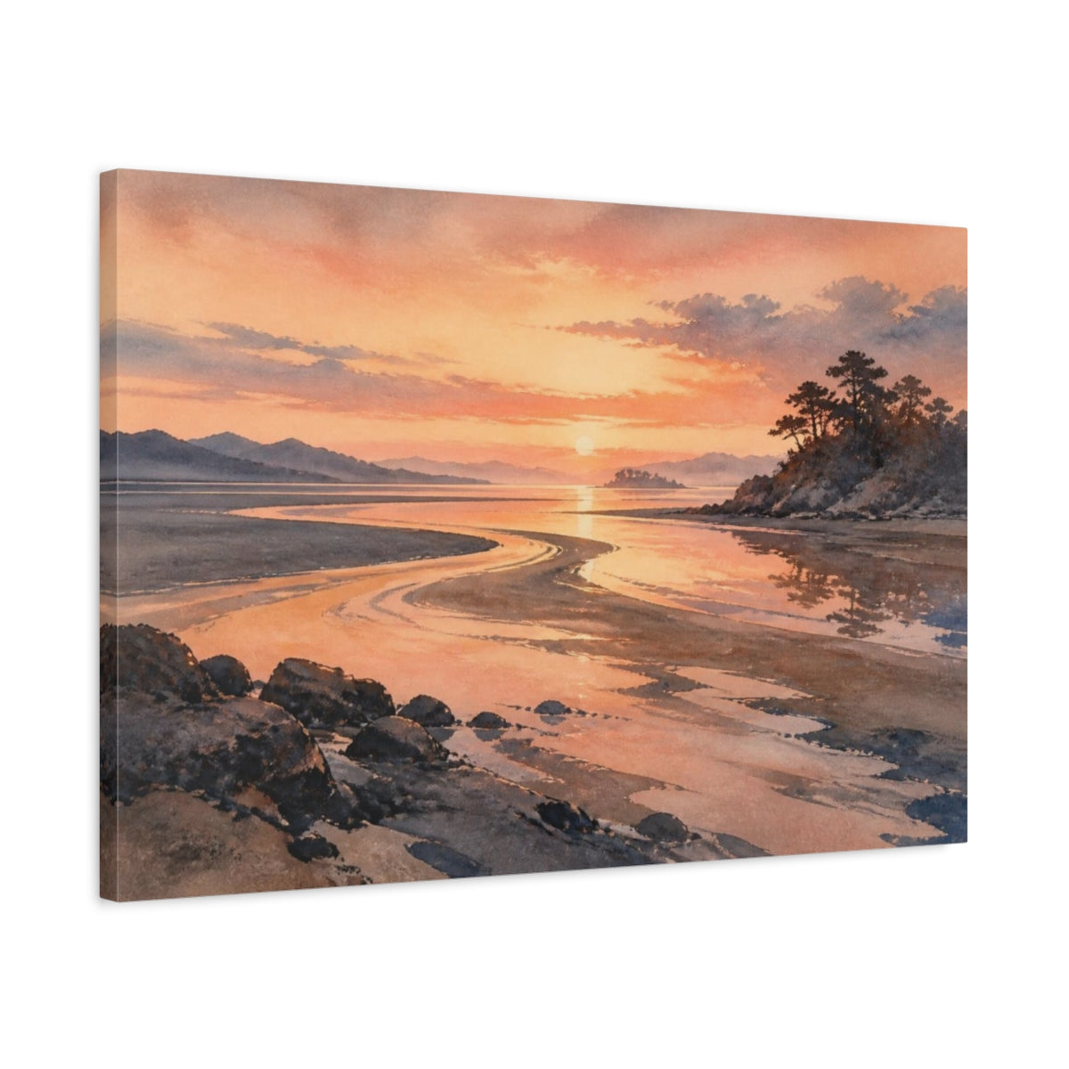 Side Mockup 2. Peach Dawn Tidal Flats shown as canvas print