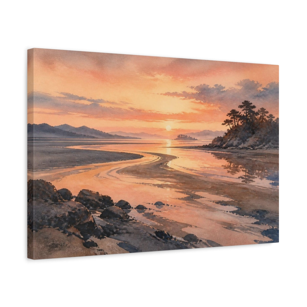Side Mockup 3. Peach Dawn Tidal Flats shown as canvas print