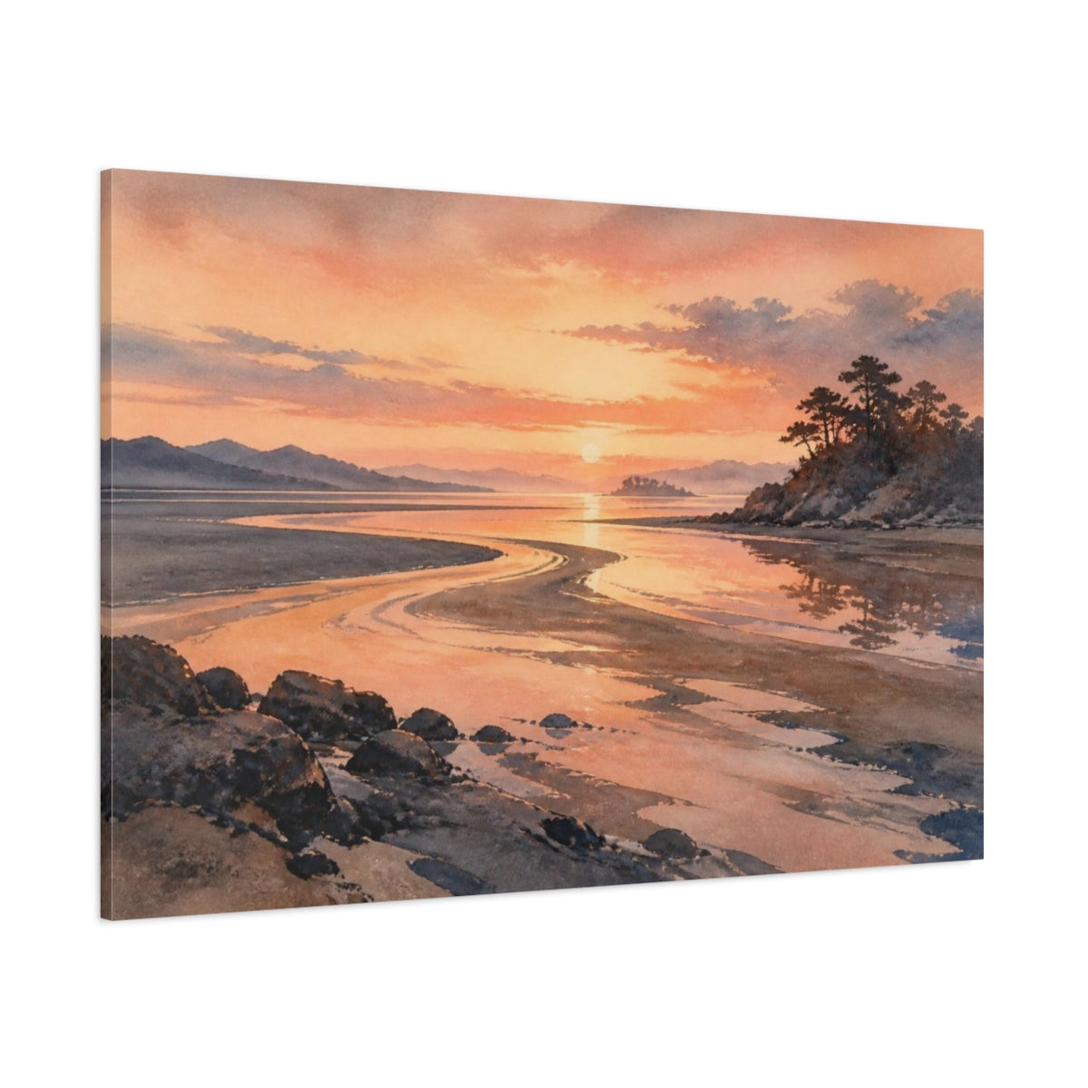 Side Mockup 1. Peach Dawn Tidal Flats shown as canvas print