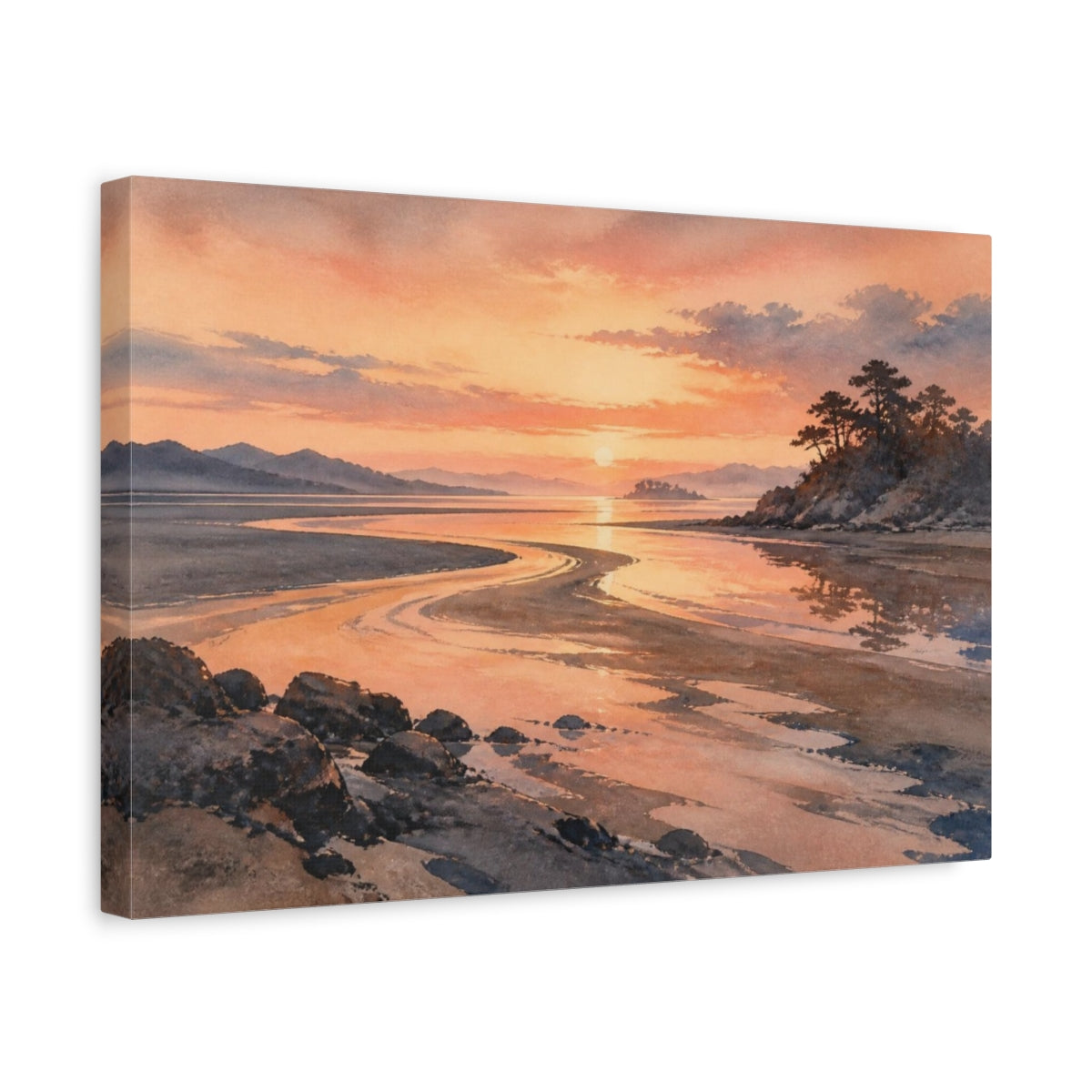 Side Mockup 4. Peach Dawn Tidal Flats shown as canvas print