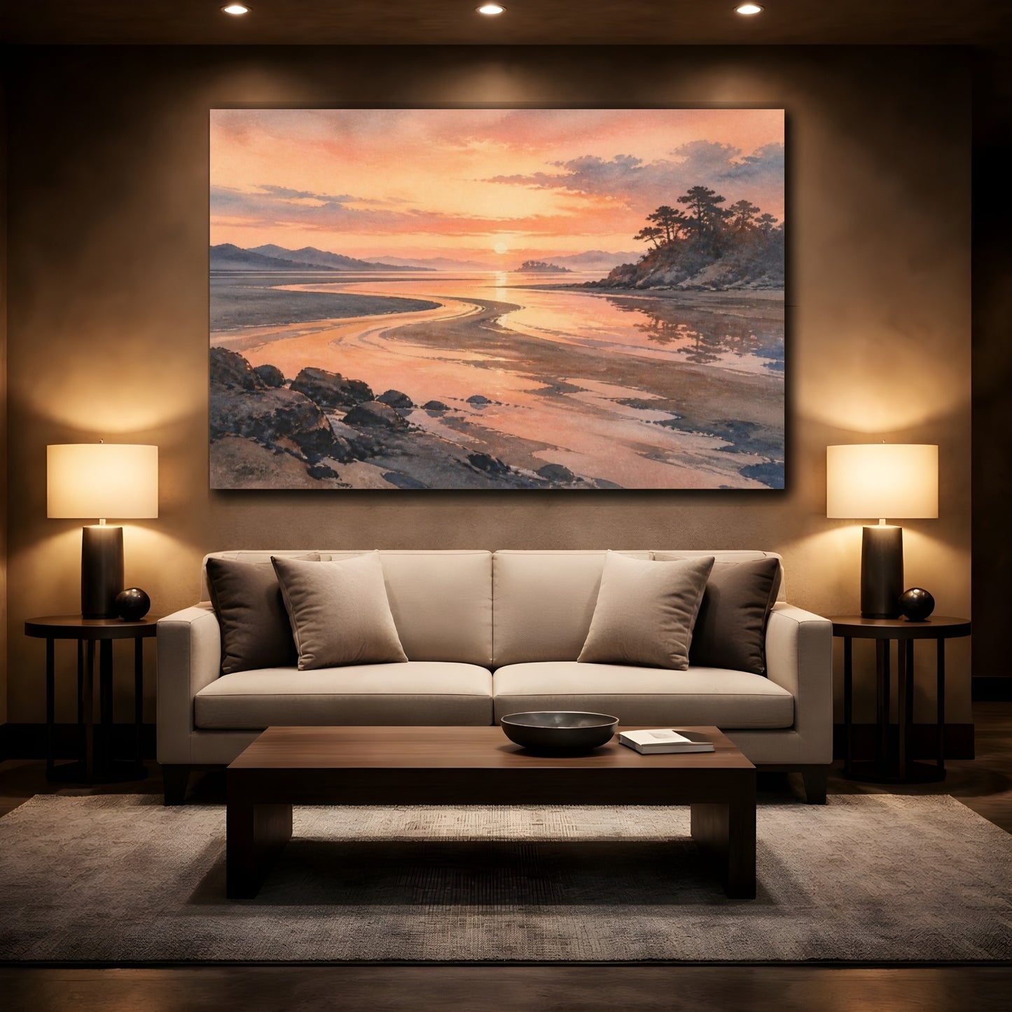 Mockup 2. Peach Dawn Tidal Flats shown as canvas print