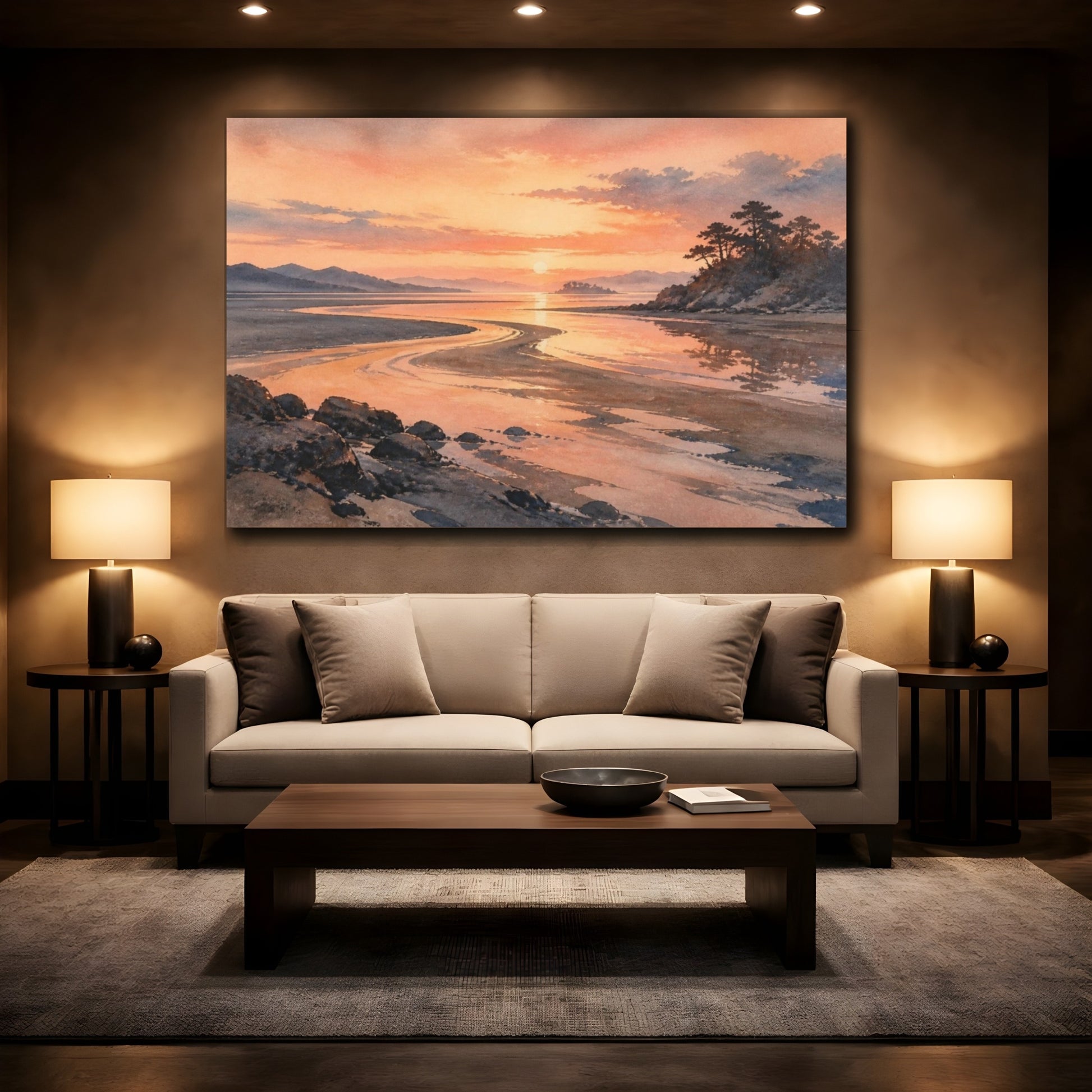 Mockup 2. Peach Dawn Tidal Flats shown as canvas print