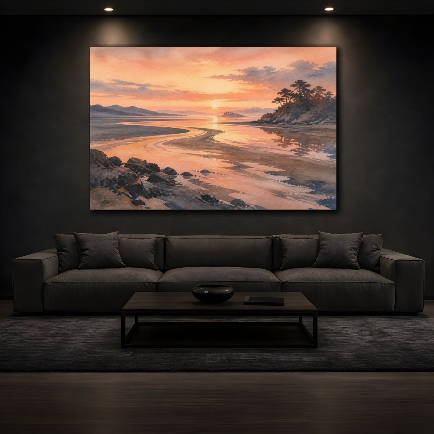 Mockup 3. Peach Dawn Tidal Flats shown as canvas print