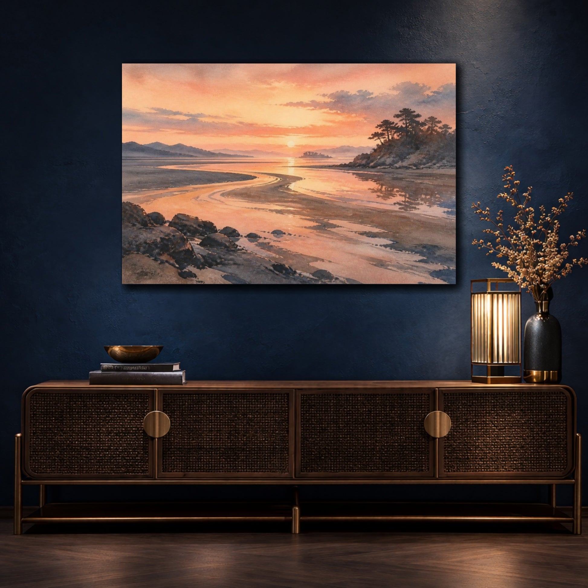 Mockup 4. Peach Dawn Tidal Flats shown as canvas print