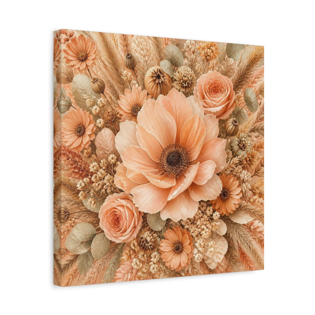 Side Mockup 6. Peach Floral Bouquet shown as canvas print