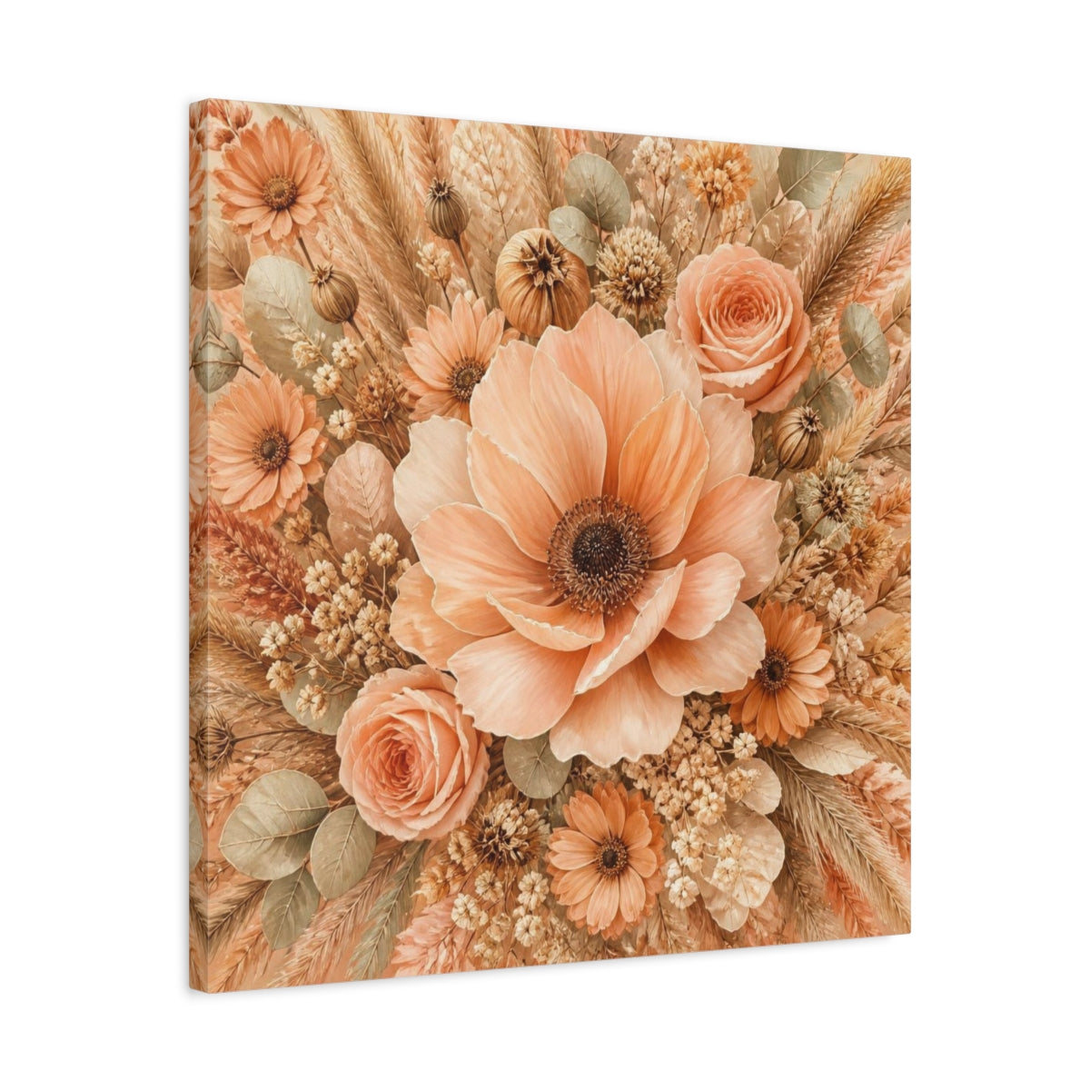 Side Mockup 4. Peach Floral Bouquet shown as canvas print