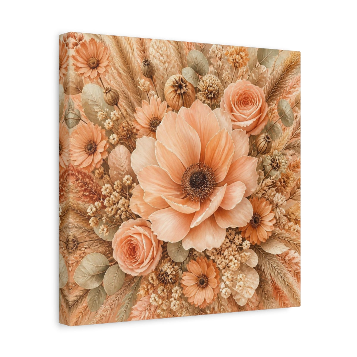 Side Mockup 7. Peach Floral Bouquet shown as canvas print