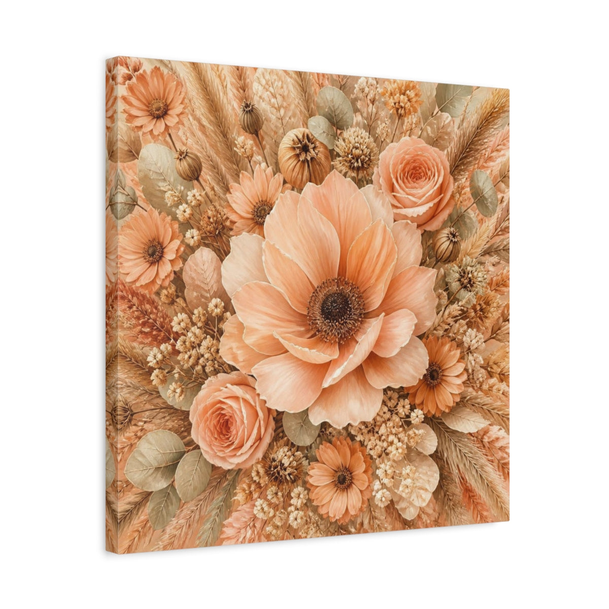 Side Mockup 5. Peach Floral Bouquet shown as canvas print