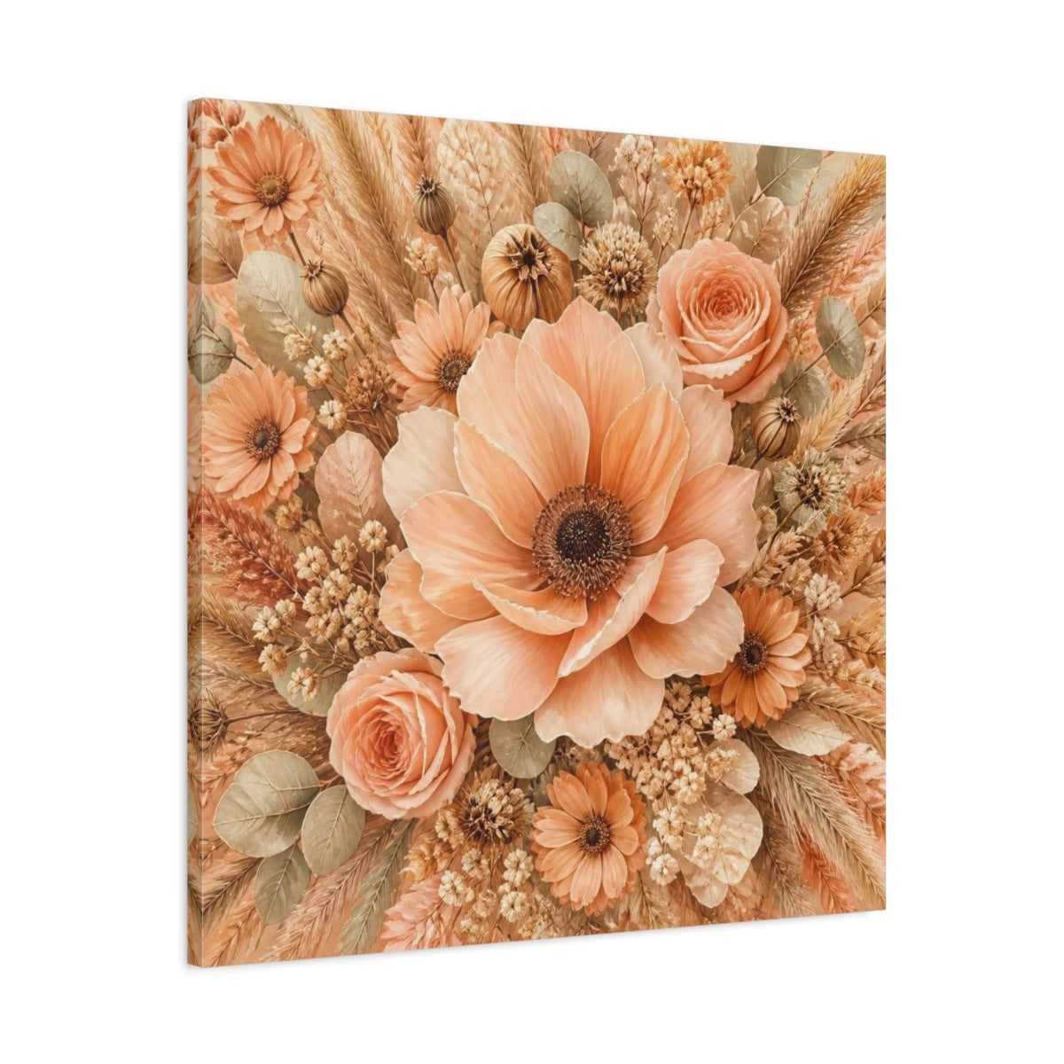 Side Mockup 3. Peach Floral Bouquet shown as canvas print