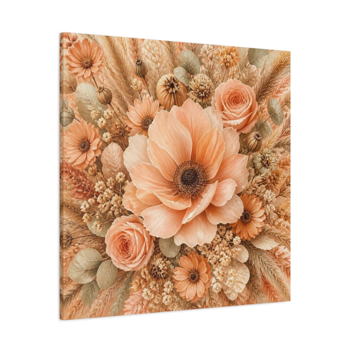 Side Mockup 1. Peach Floral Bouquet shown as canvas print