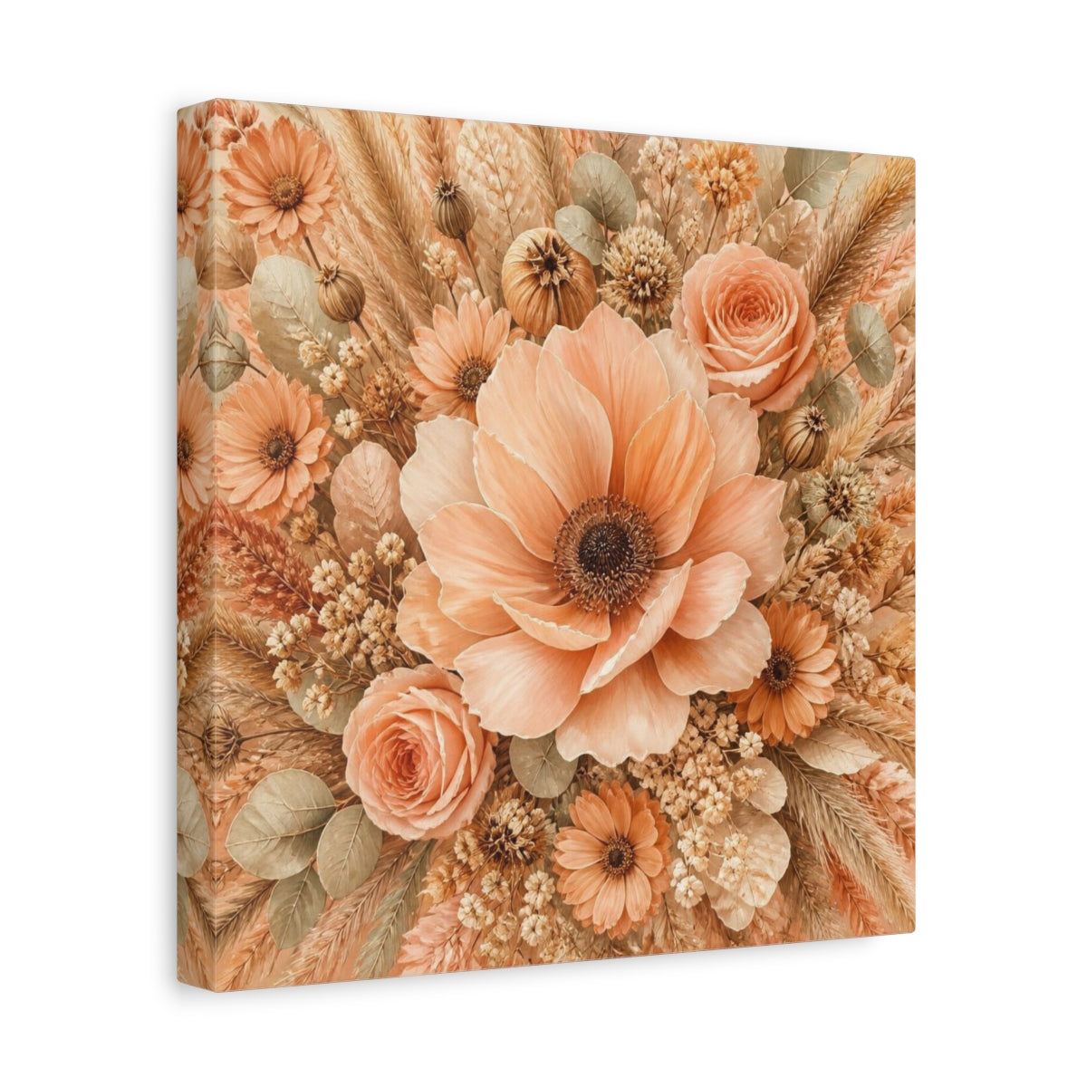 Side Mockup 8. Peach Floral Bouquet shown as canvas print
