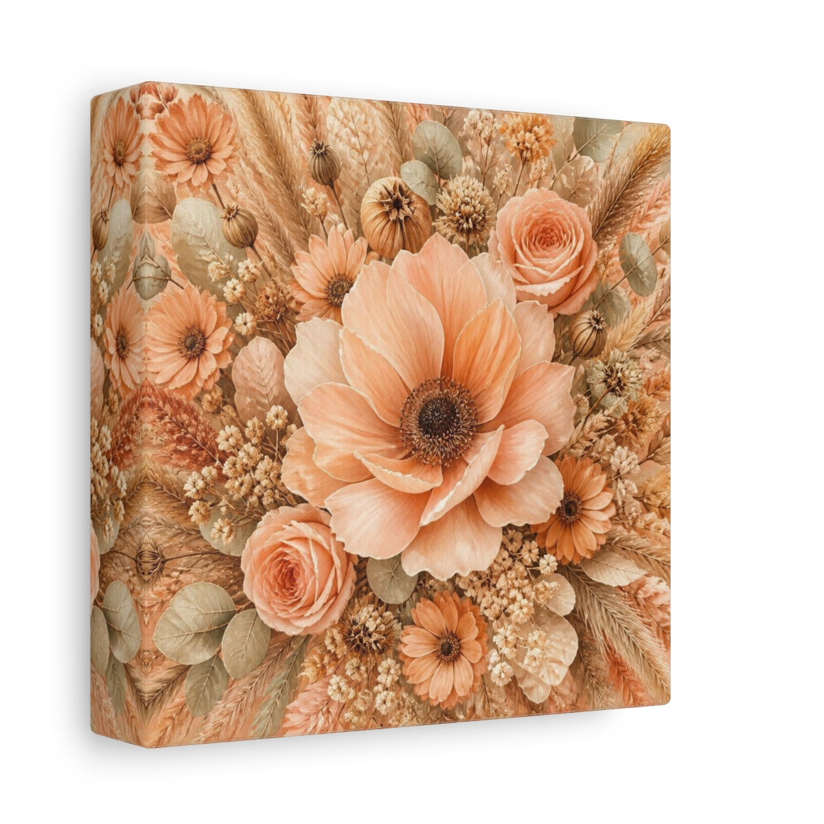 Side Mockup 2. Peach Floral Bouquet shown as canvas print
