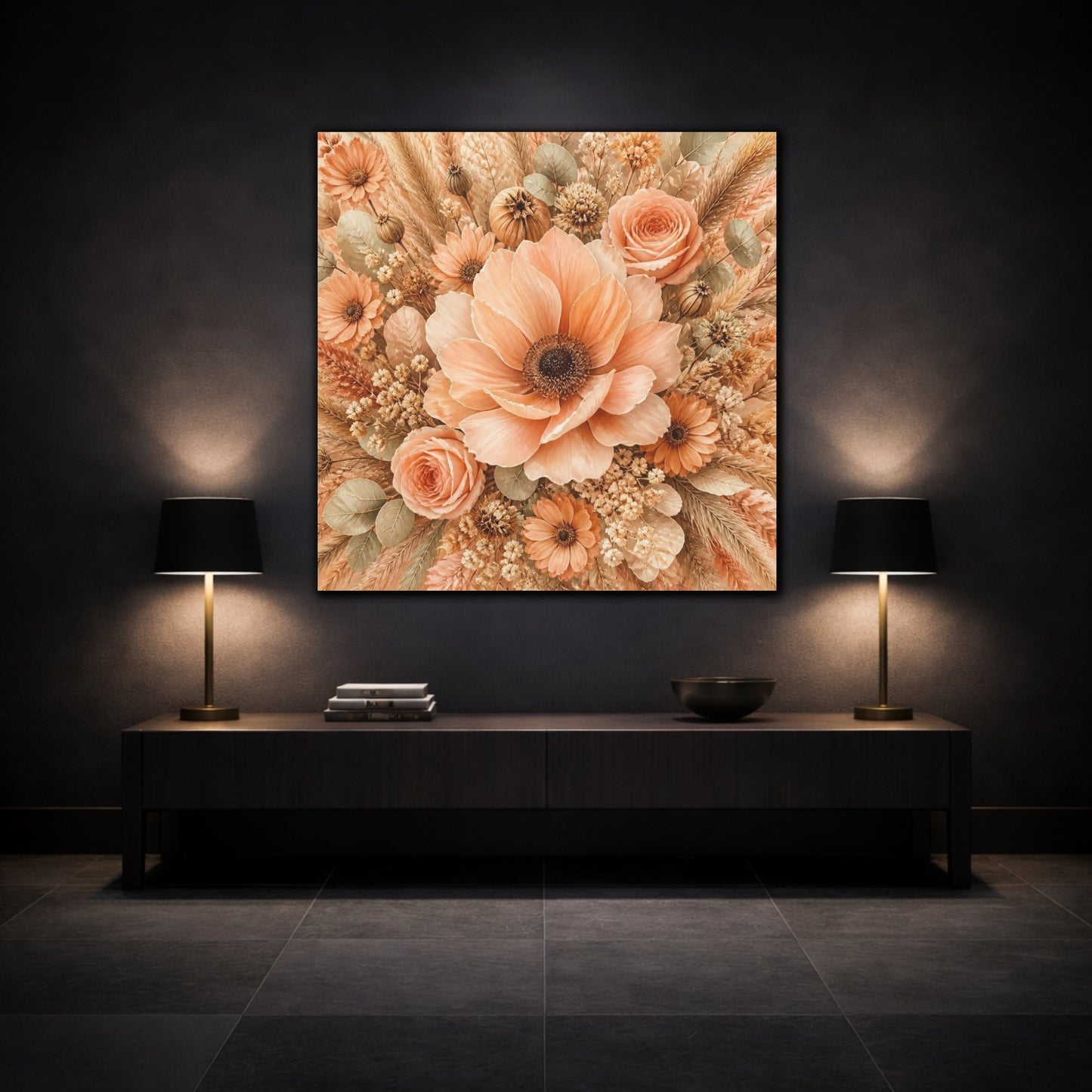 Mockup 3. Peach Floral Bouquet shown as canvas print