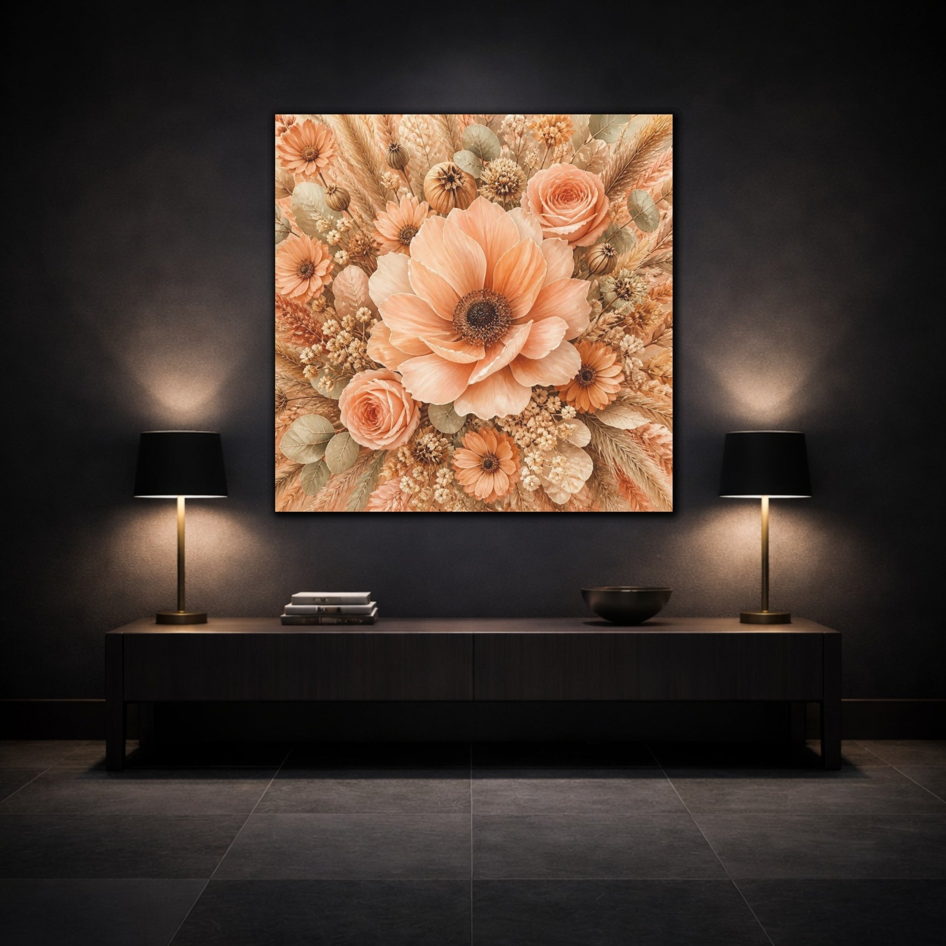 Mockup 3. Peach Floral Bouquet shown as canvas print