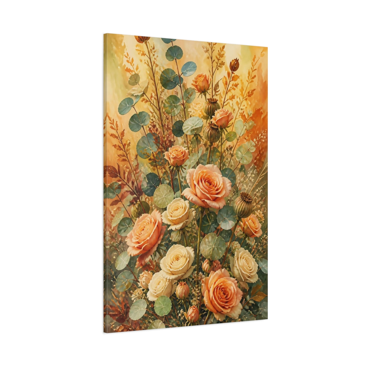 Side Mockup 1. Peach Rose Floral Bouquet shown as canvas print