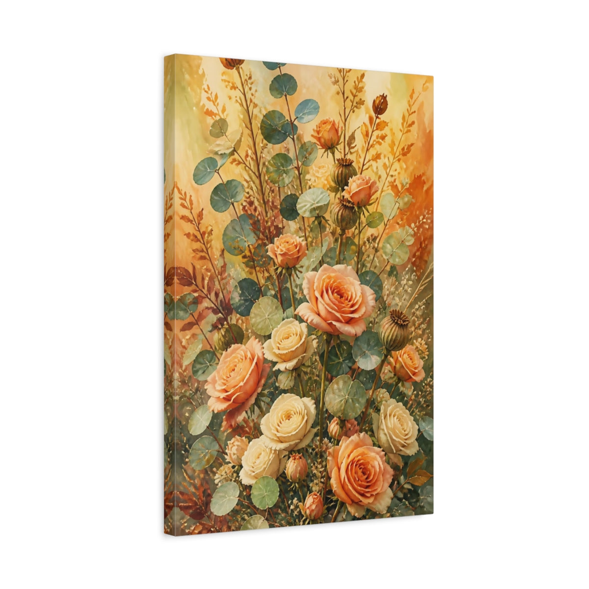 Side Mockup 3. Peach Rose Floral Bouquet shown as canvas print