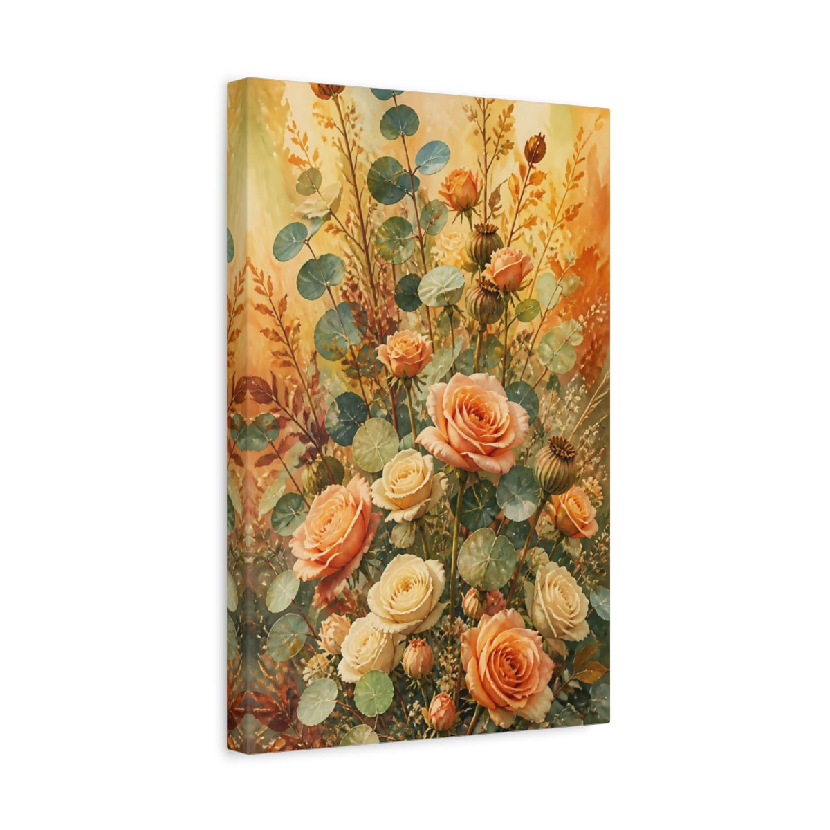 Side Mockup 4. Peach Rose Floral Bouquet shown as canvas print