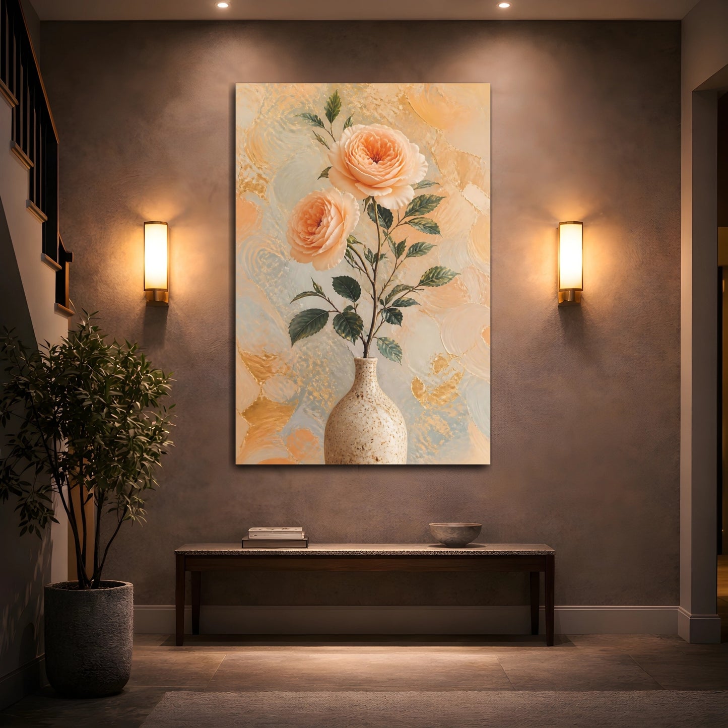 Mockup 2. Peach Rose Floral Still Life shown as canvas print