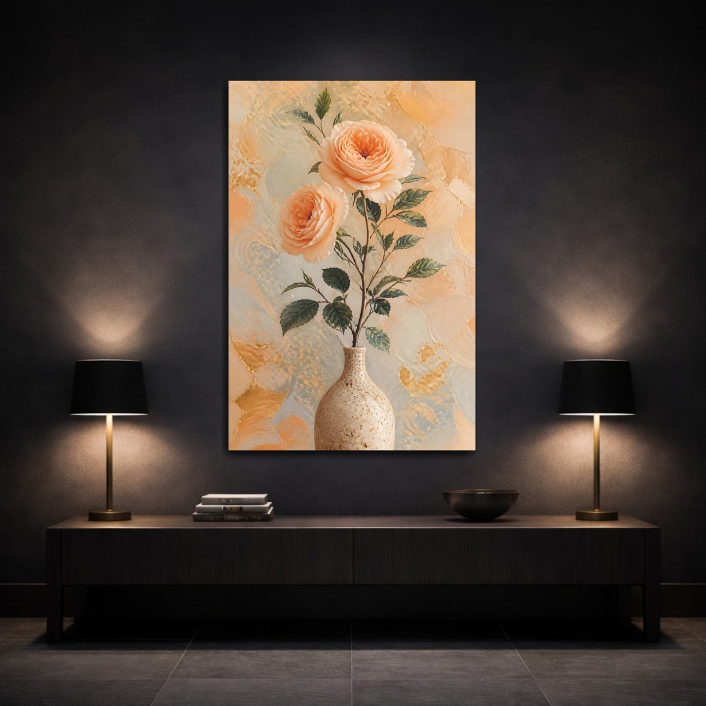 Mockup 3. Peach Rose Floral Still Life shown as canvas print