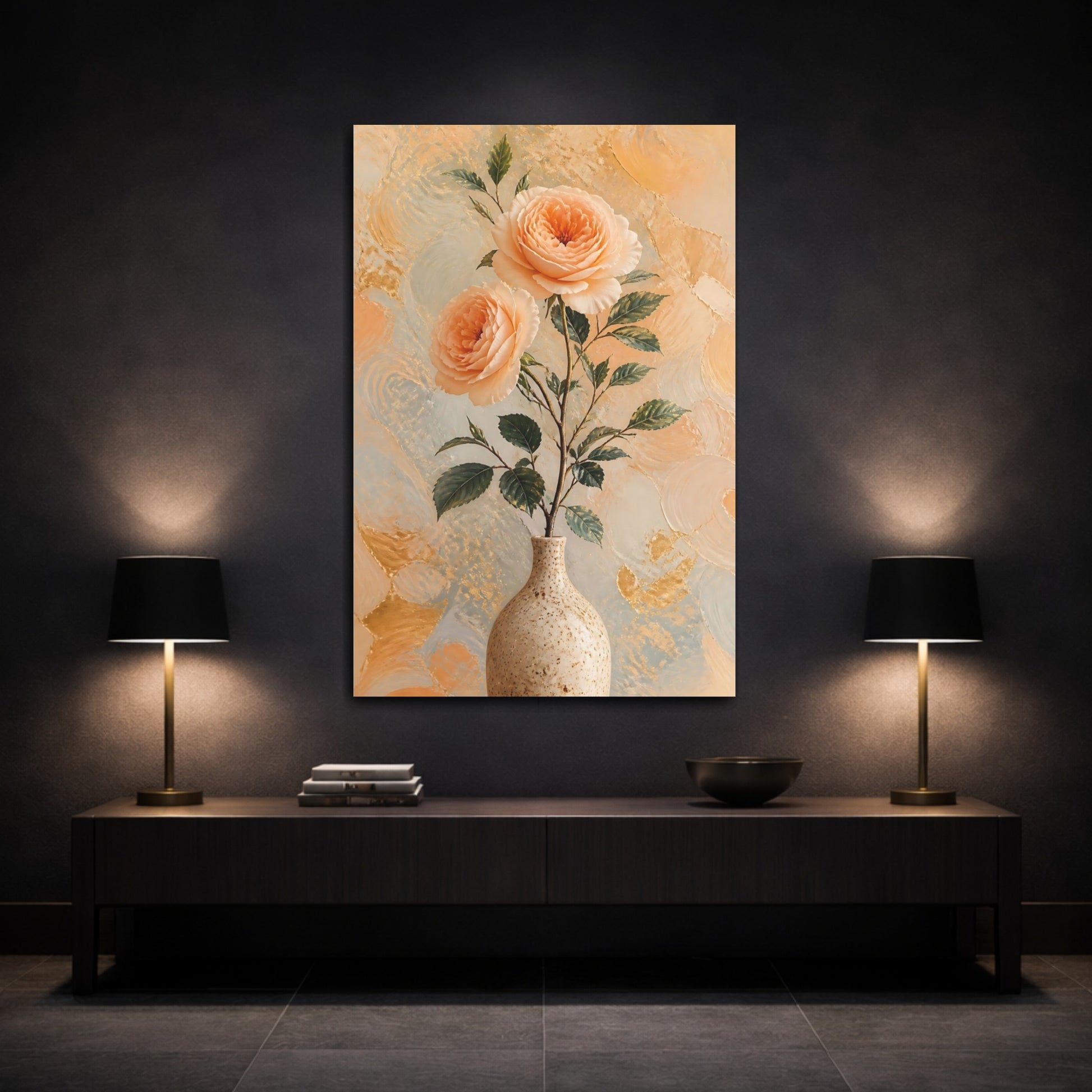 Mockup 3. Peach Rose Floral Still Life shown as canvas print