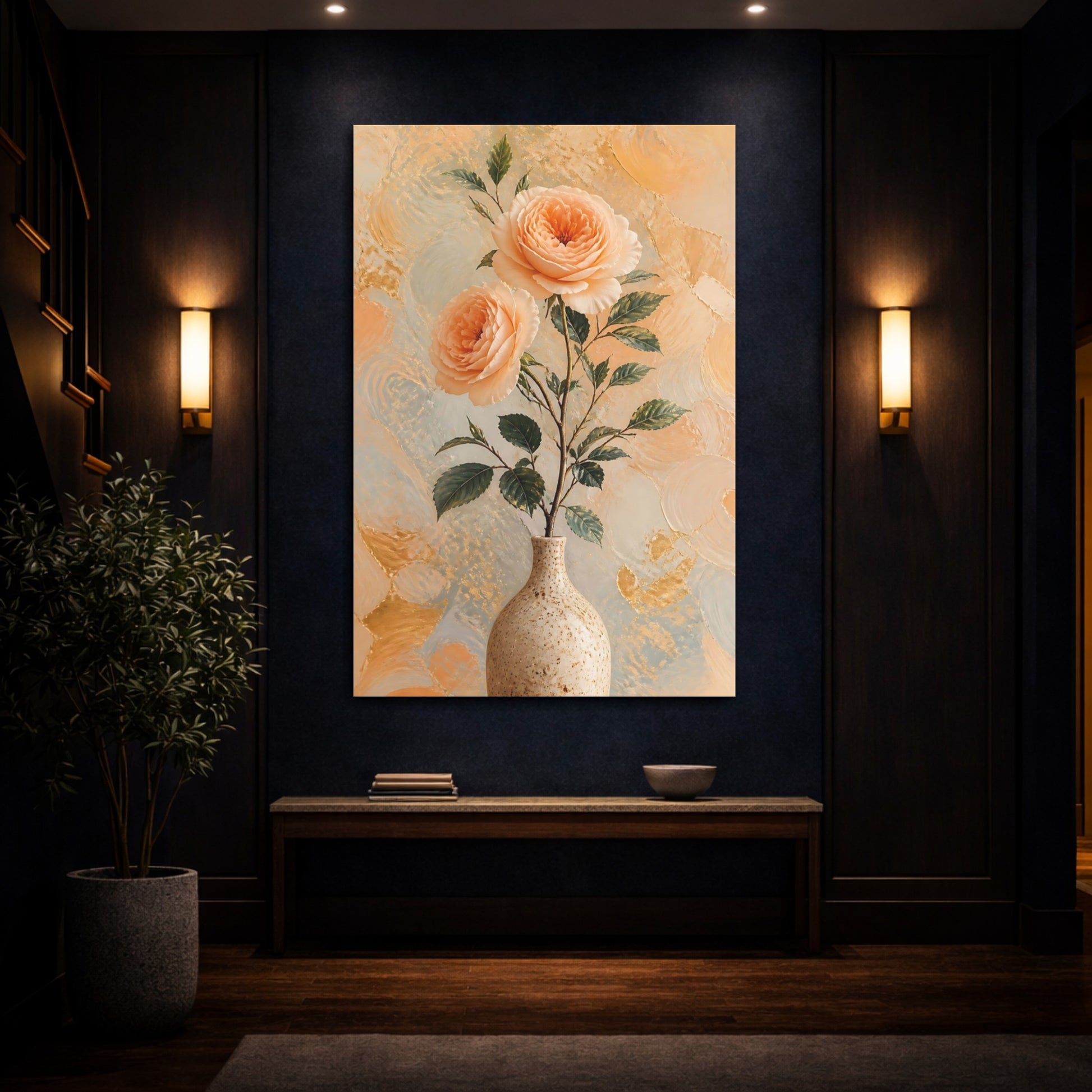 Mockup 4. Peach Rose Floral Still Life shown as canvas print