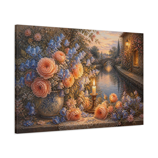 Main Mockup. Peach Roses By Candlelight shown as canvas print