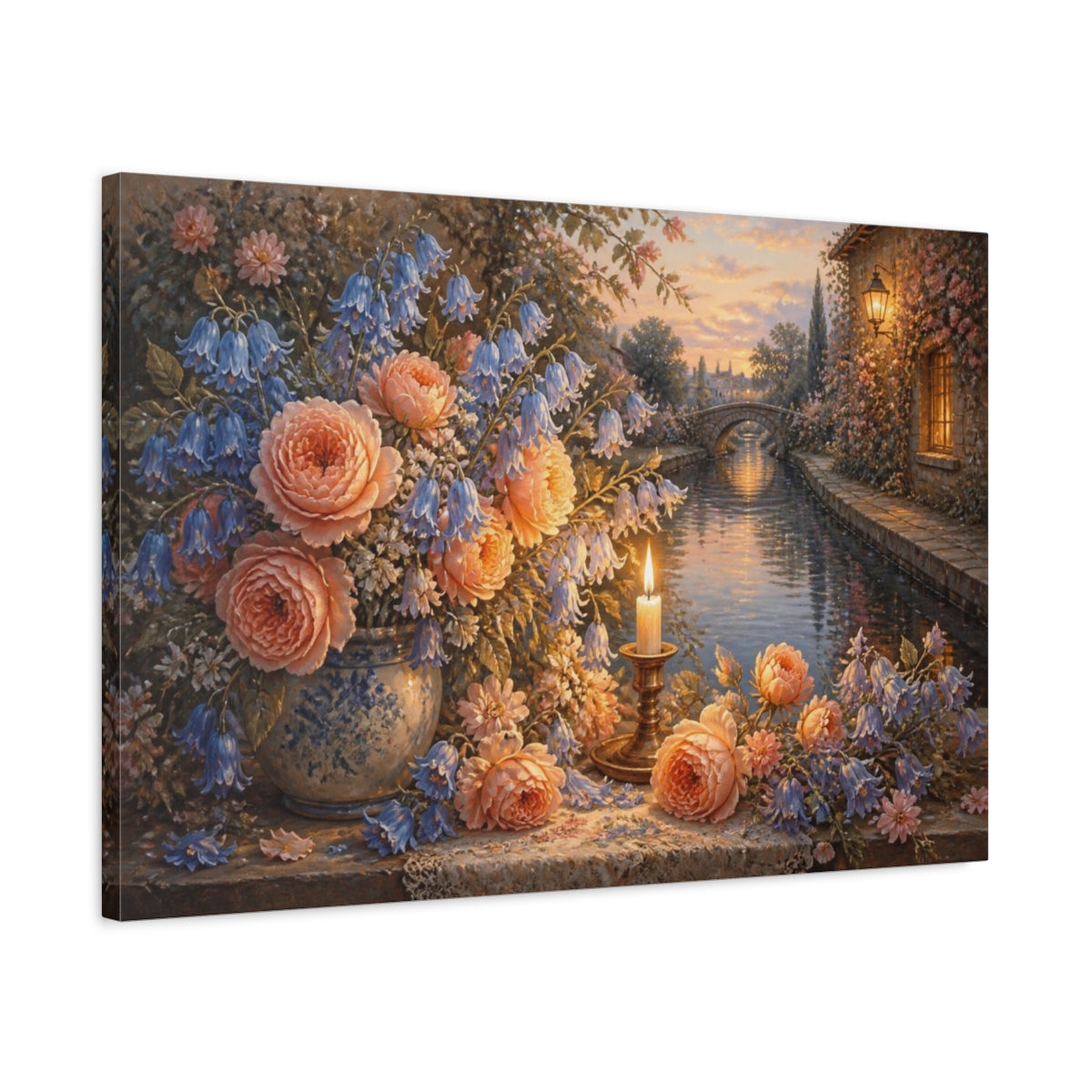 Side Mockup 2. Peach Roses By Candlelight shown as canvas print