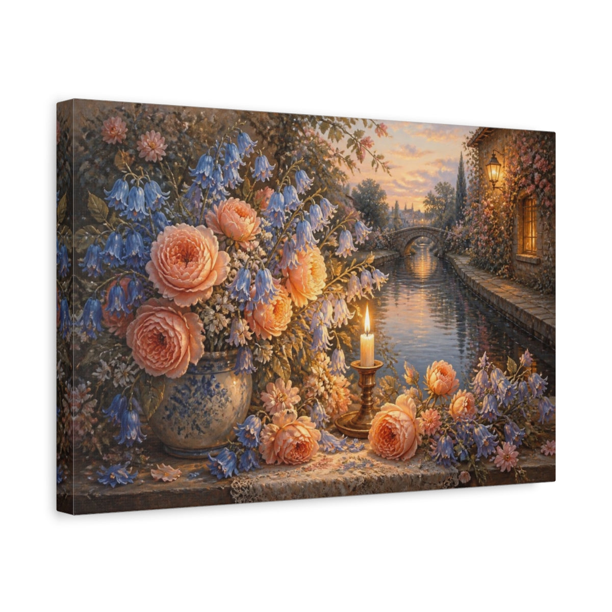 Side Mockup 4. Peach Roses By Candlelight shown as canvas print
