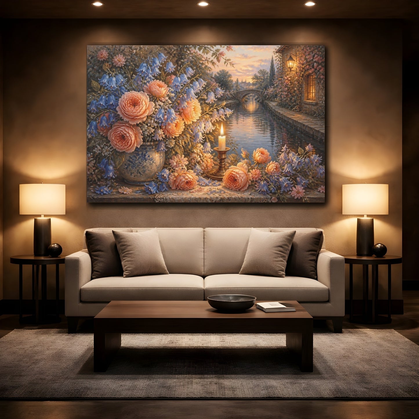 Mockup 2. Peach Roses By Candlelight shown as canvas print