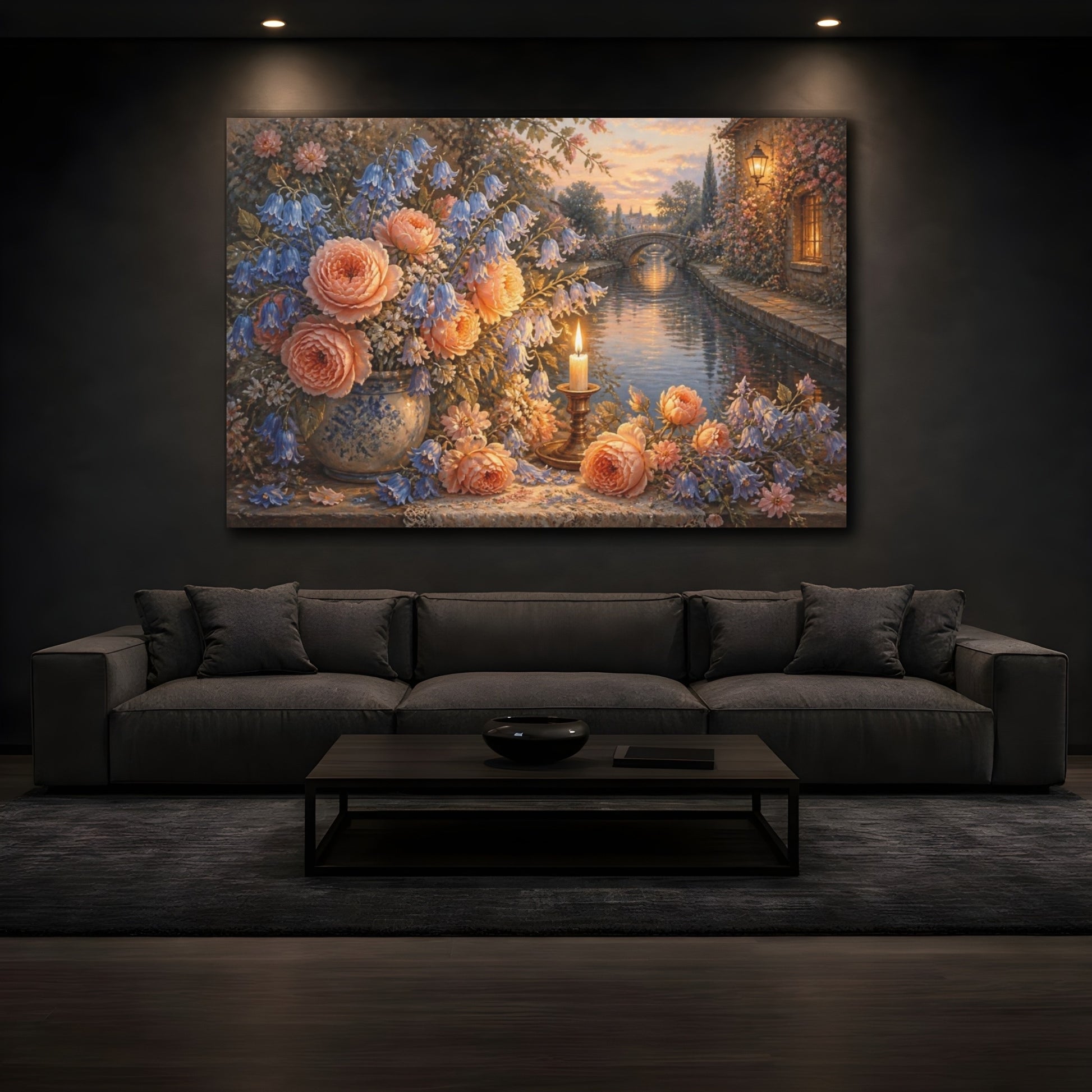 Mockup 3. Peach Roses By Candlelight shown as canvas print