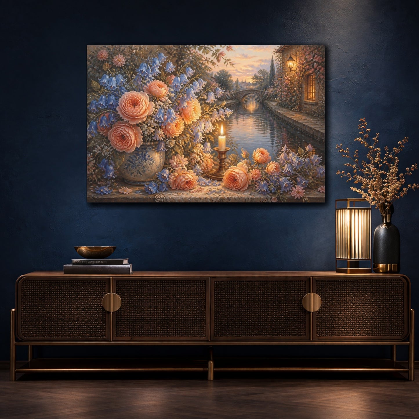 Mockup 4. Peach Roses By Candlelight shown as canvas print