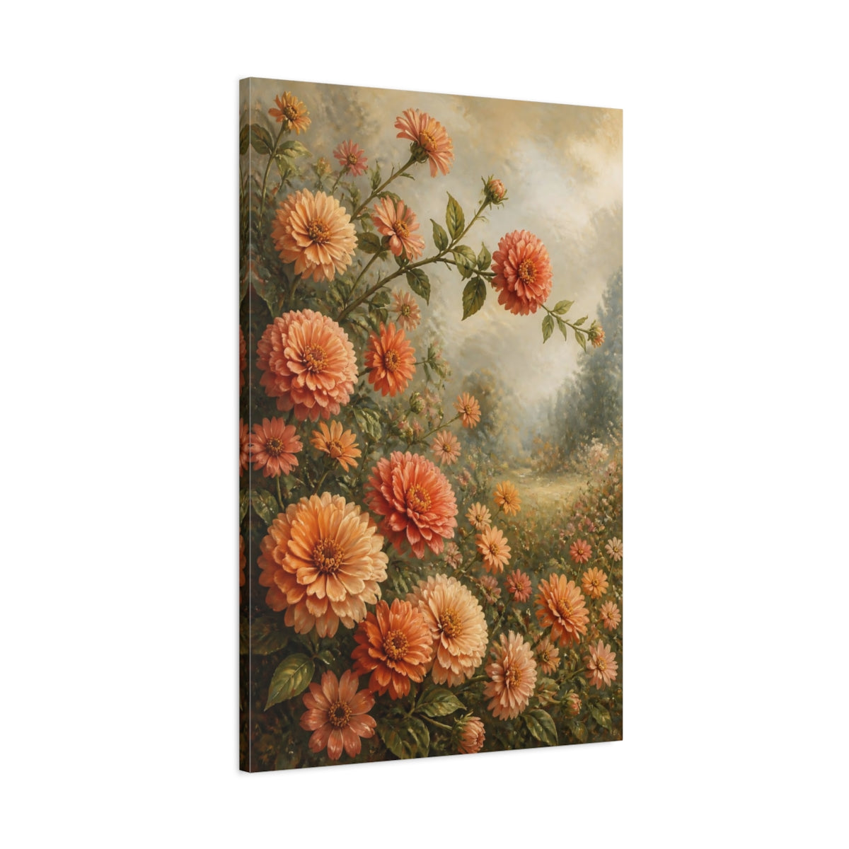 Main Mockup. Peach Zinnia Garden Flowers shown as canvas print