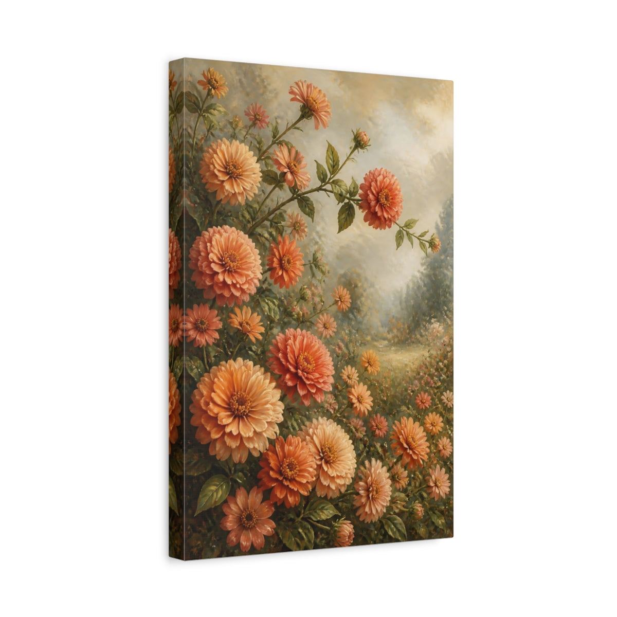 Side Mockup 4. Peach Zinnia Garden Flowers shown as canvas print